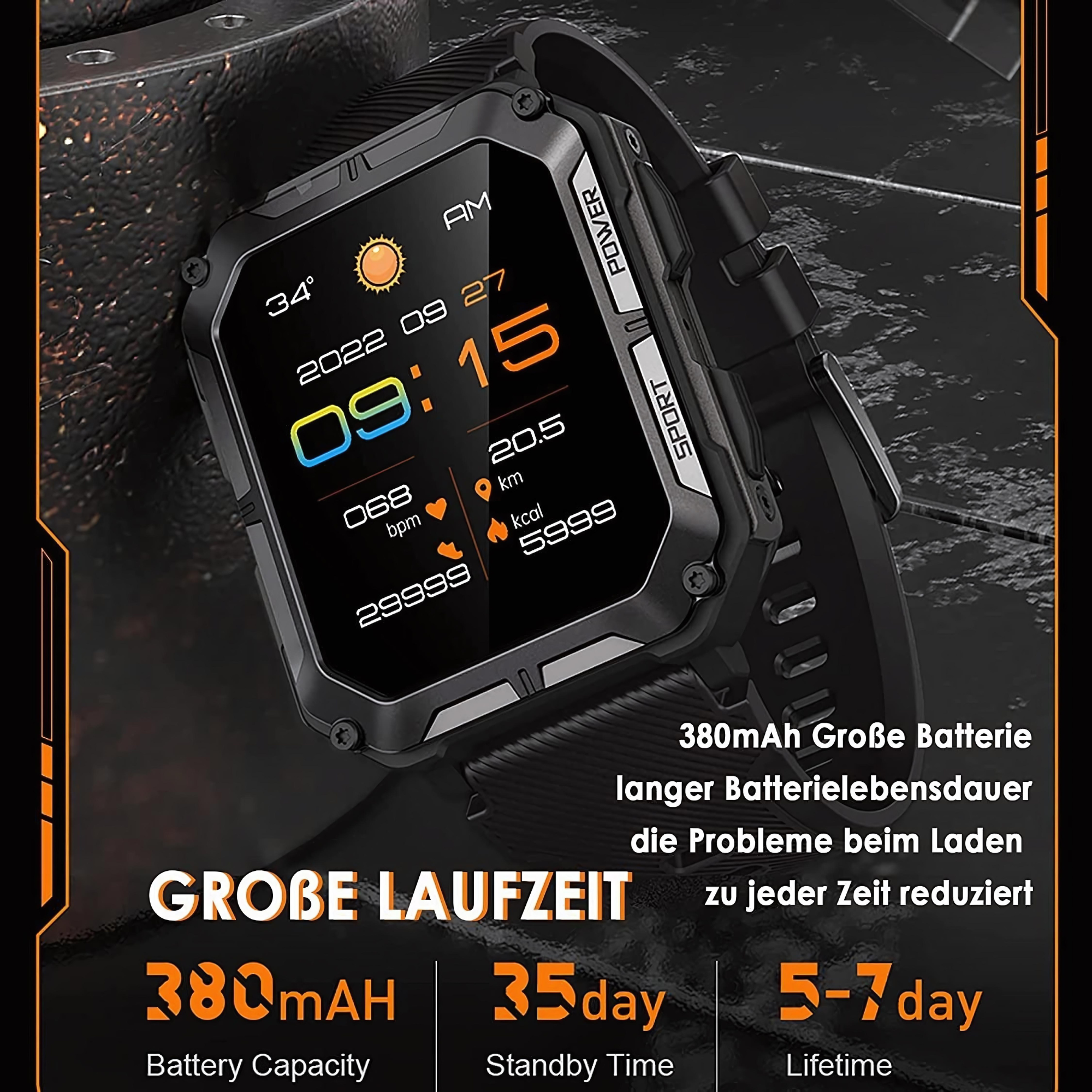 Czarny smartwatch pokazujący datę, godzinę i parametry życiowe. Wyświetlacz pokazuje również 20,5 km, 668 bpm i 5999 kcal.