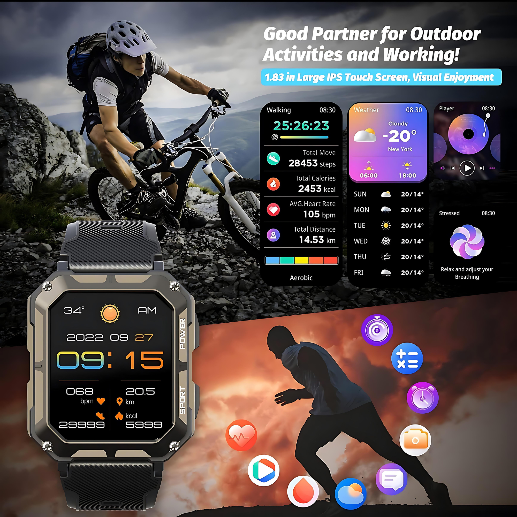 Smartwatch z danymi sportowymi na ekranie i rowerzystą w tle.