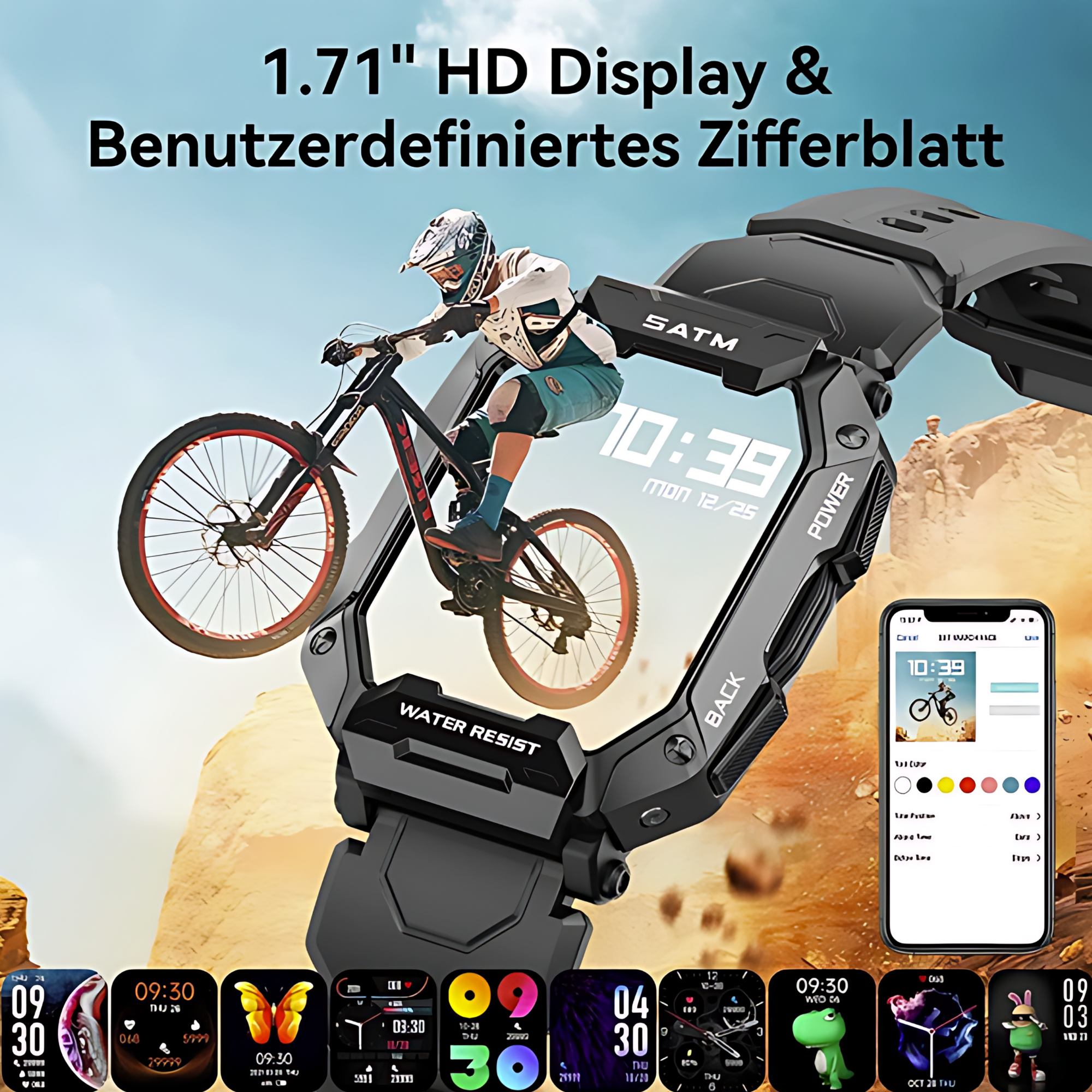 Smartwatch z rowerzystą na ekranie. Pokazano dodatkowe tarcze zegarka i smartfon.