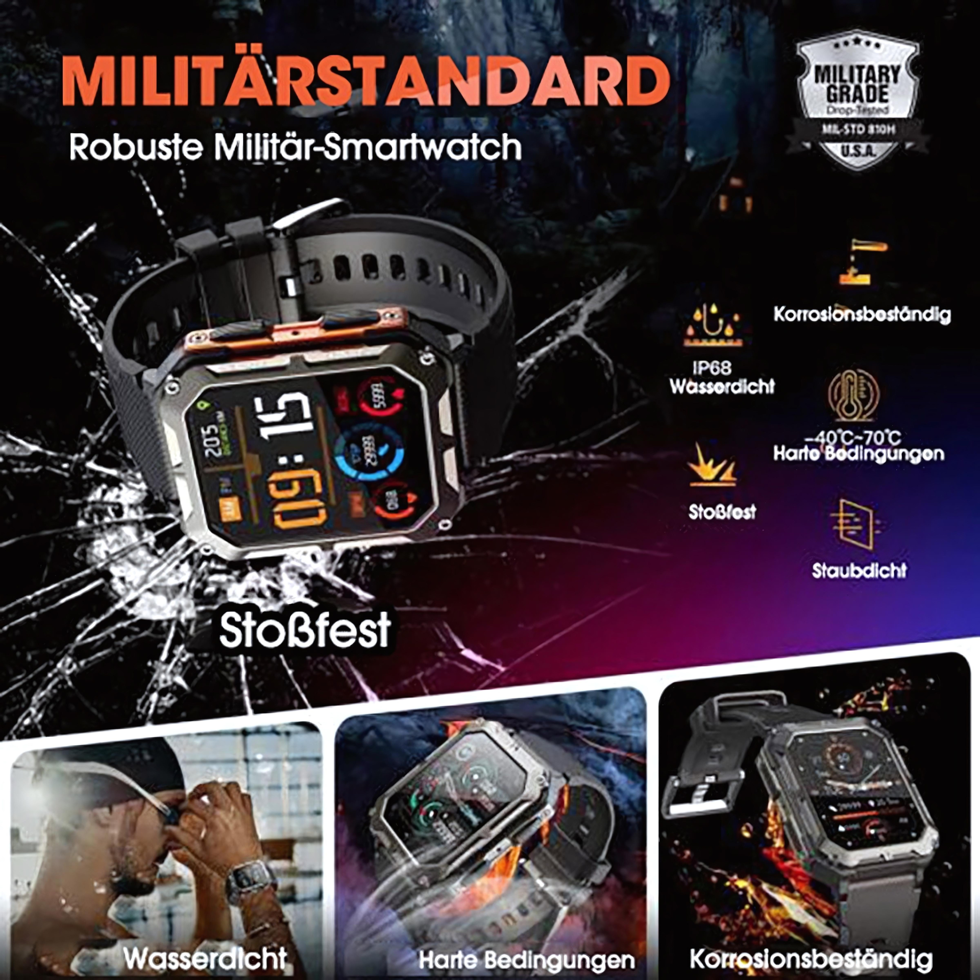 Wytrzymały smartwatch z funkcjami: wodoodporny, odporny na trudne warunki i korozję.