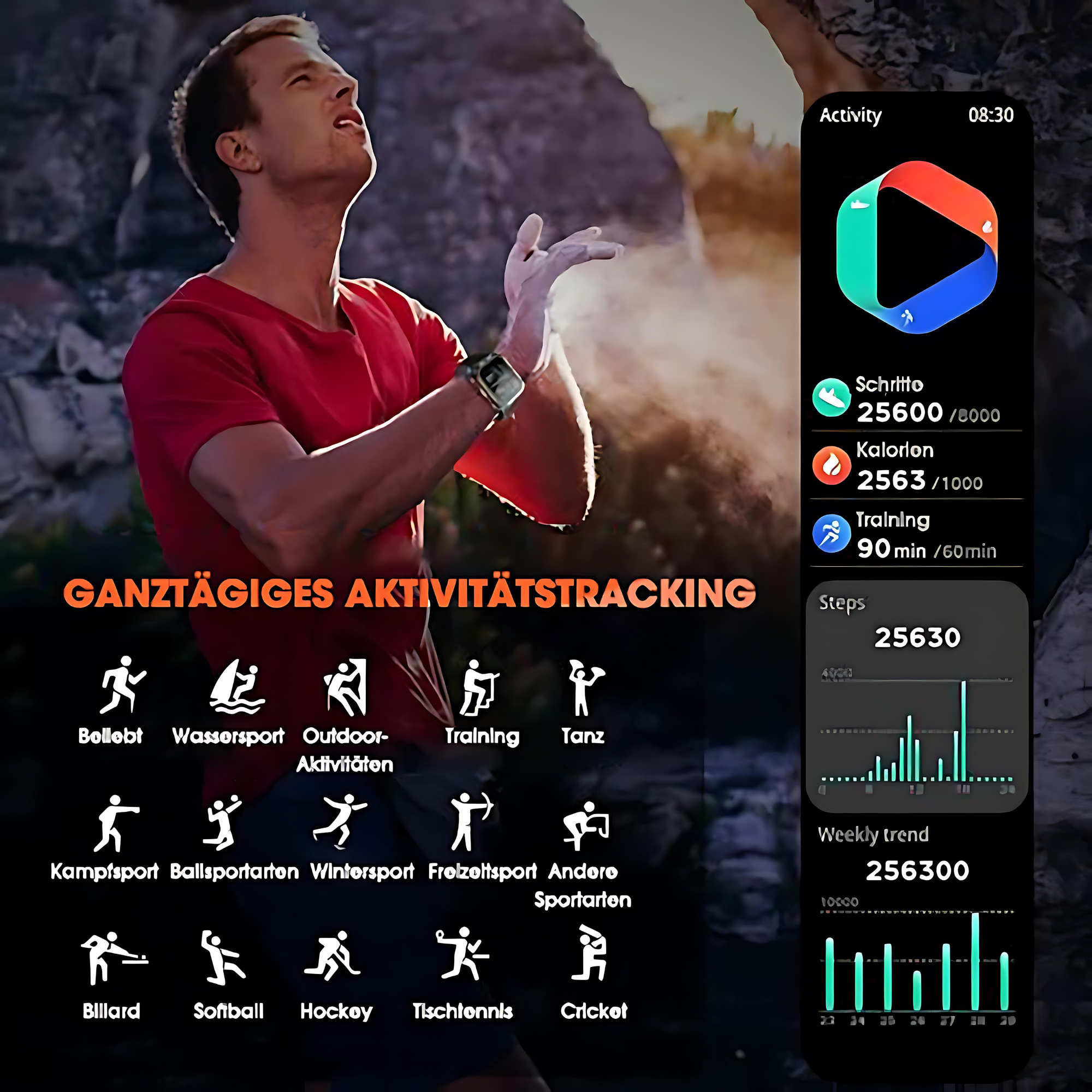 Mężczyzna z smartwatchem, z danymi śledzenia aktywności na ekranie.