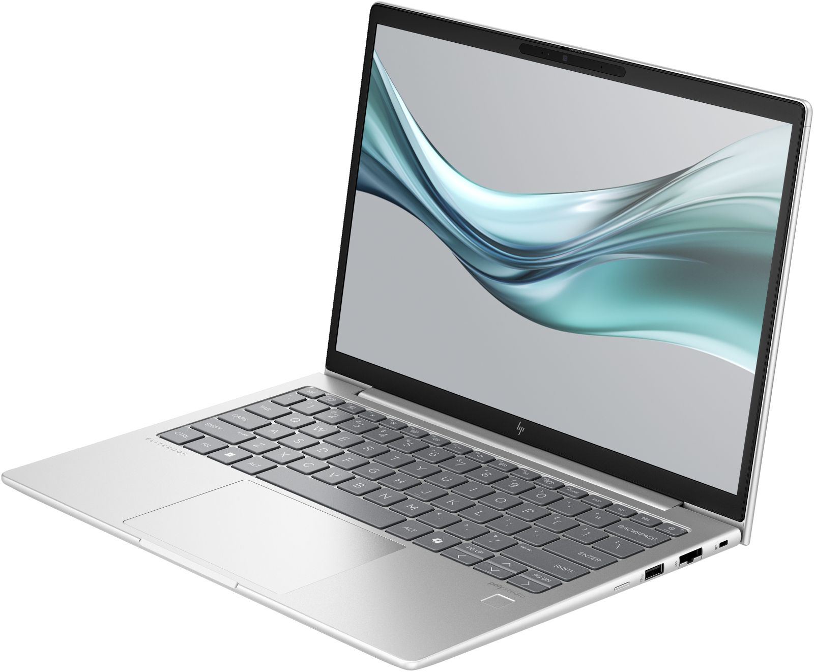 Laptop argentato, schermo con onde verdi e bianche. Tastiera e touchpad visibili. Il laptop è angolato.