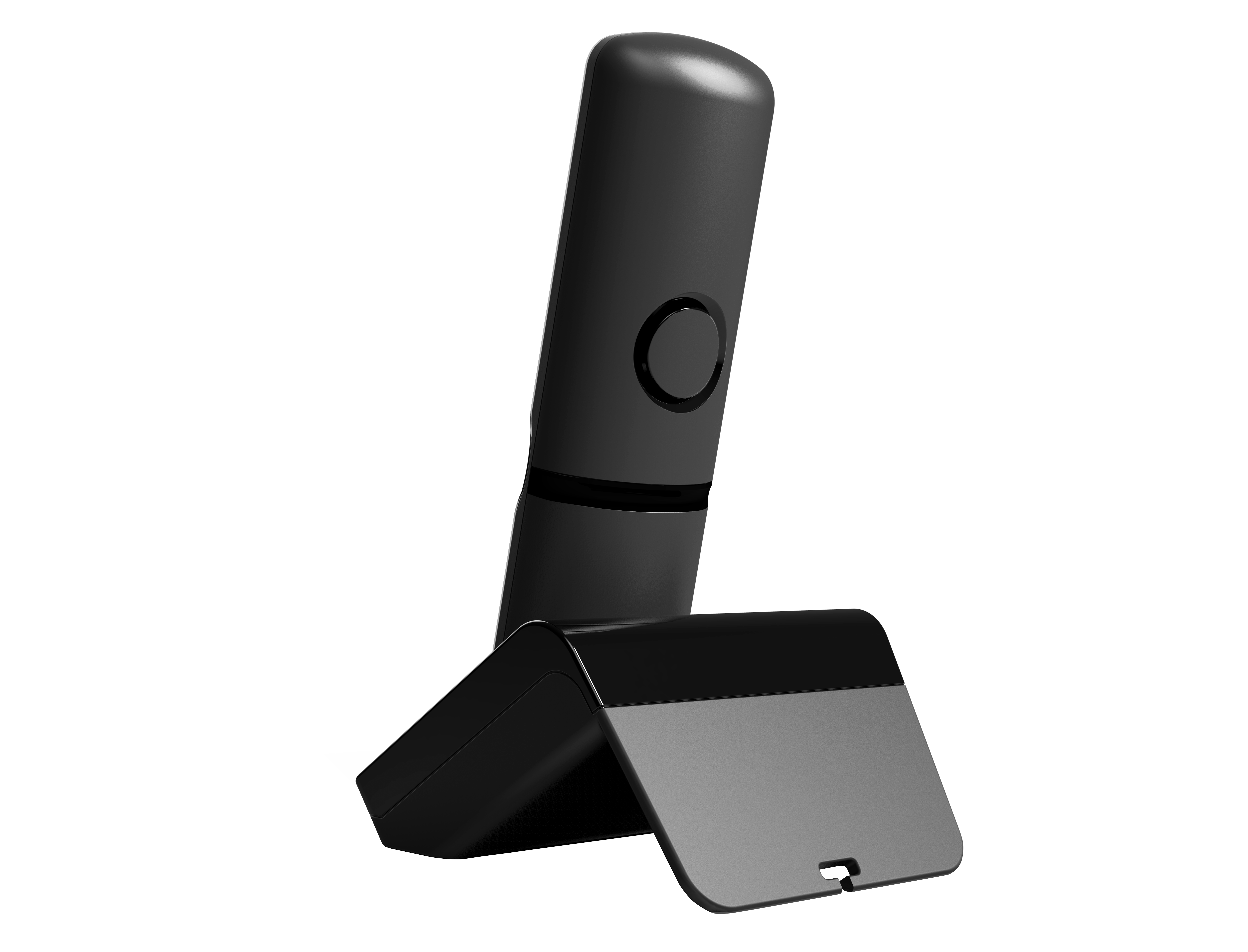 Czarne i szare urządzenie na stojaku. Ma przycisk i port ładowania.