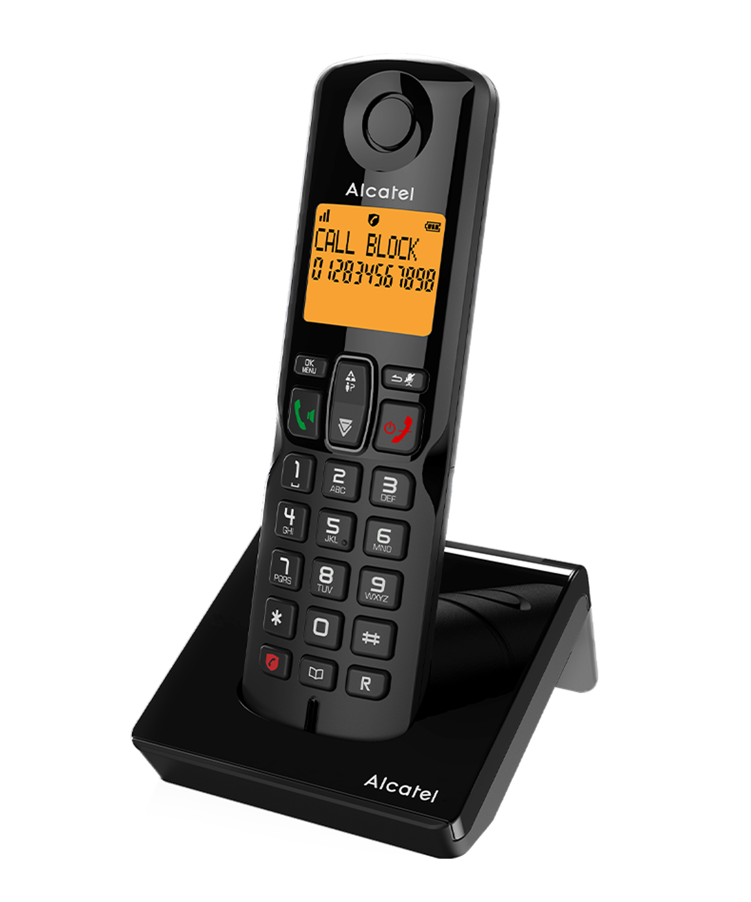 Czarny telefon bezprzewodowy Alcatel z wyświetlaczem pokazującym zablokowany numer i bazę.