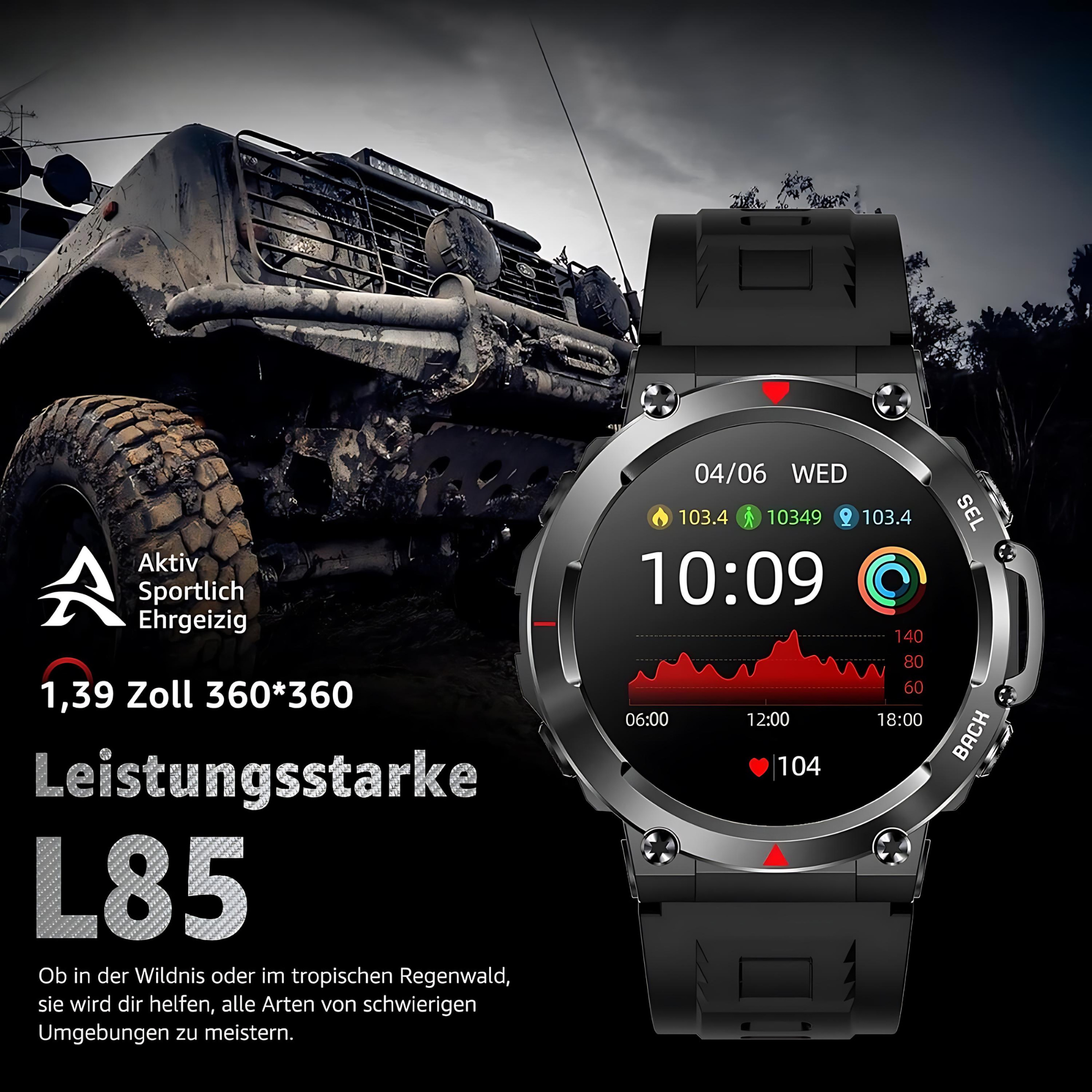 Czarny smartwatch wyświetlający dane z tłem o solidnym wyglądzie. Pokazuje czas, tętno i inne wskaźniki.