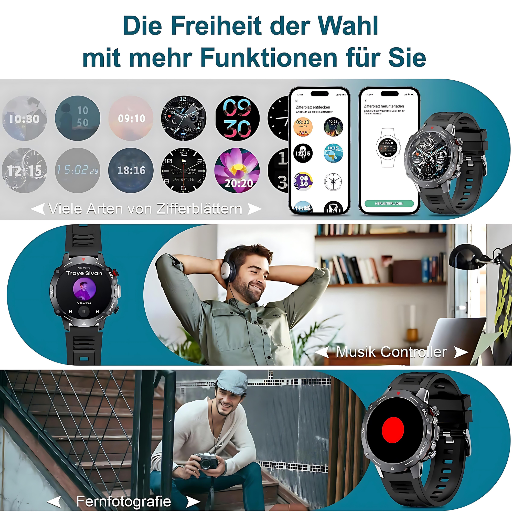 Obraz promocyjny prezentujący smartwatche z różnymi tarczami i osobę z nich korzystającą.