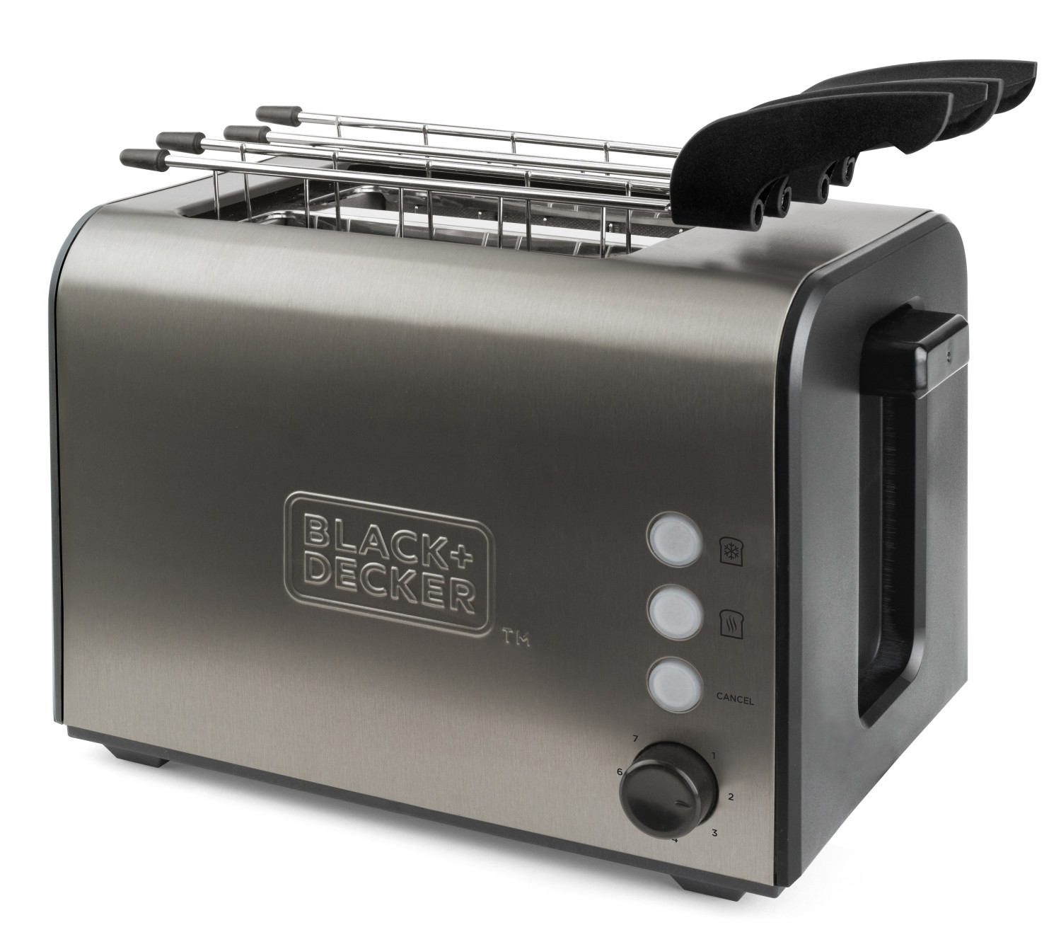 Tostapane BLACK & DECKER BXTOA900E 7 2 fette 900 W Nero Acciaio inox, Potenza 900 W, Numero di fessure per tostare 2, Livelli di tostatura Controllo di doratura della crosta variabile , Sistema di sollevamento, Funzione scongelamento, Raccoglitore briciole, Nero, Acciaio inox