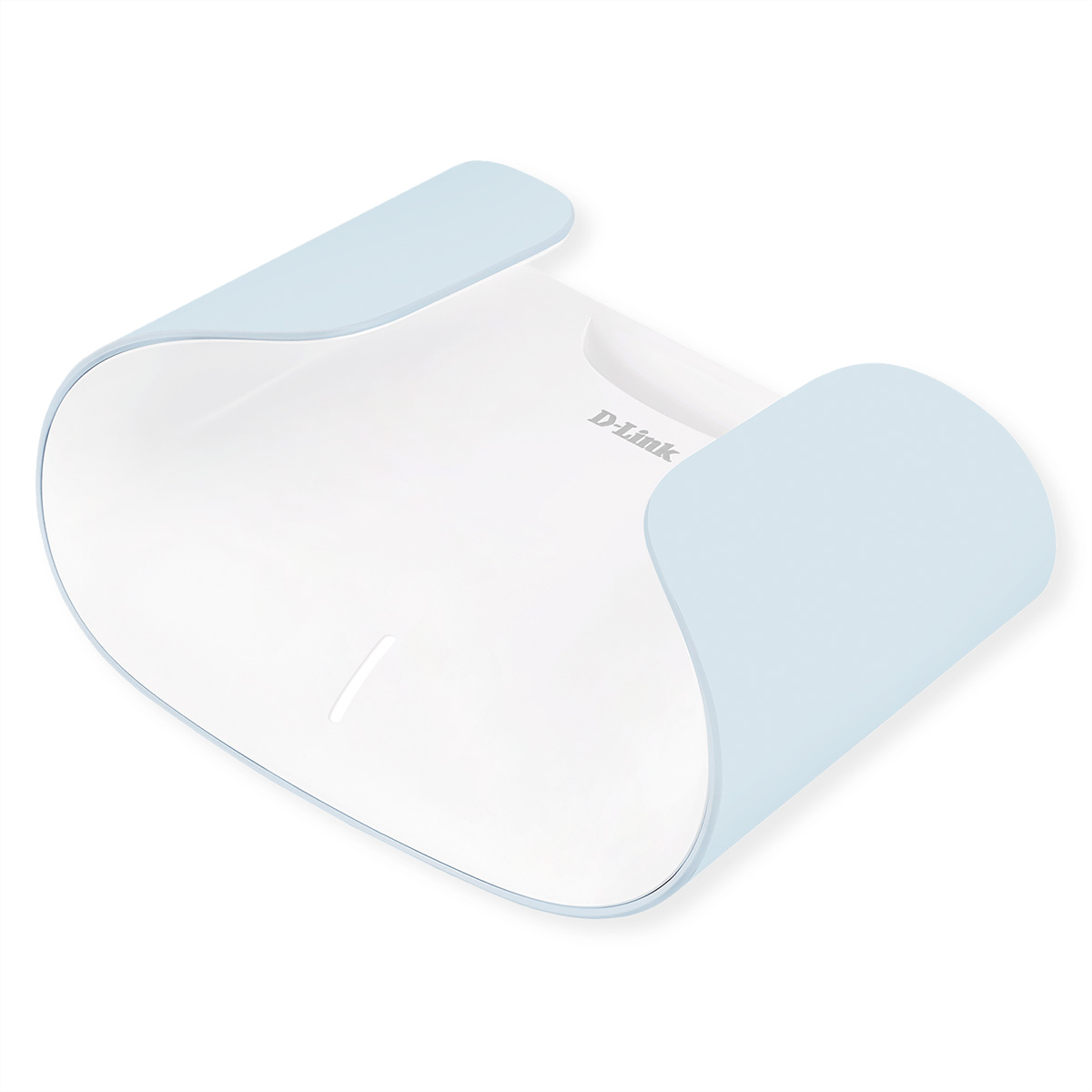 Weißer D-Link Router mit blauen Rändern, Draufsicht.