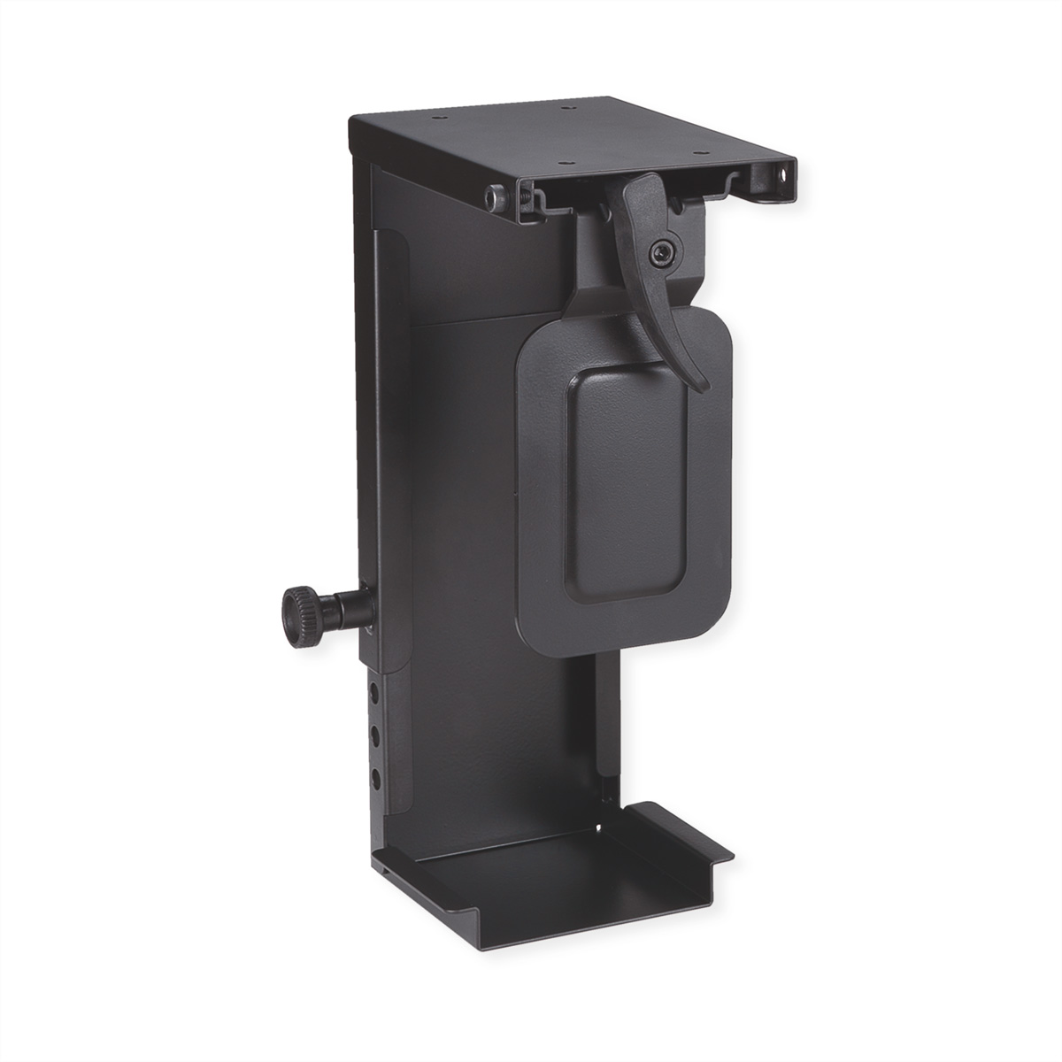 Eine schwarze Computerhalterung. Mit verstellbarem Arm und Montageplatte. Weißer Hintergrund.