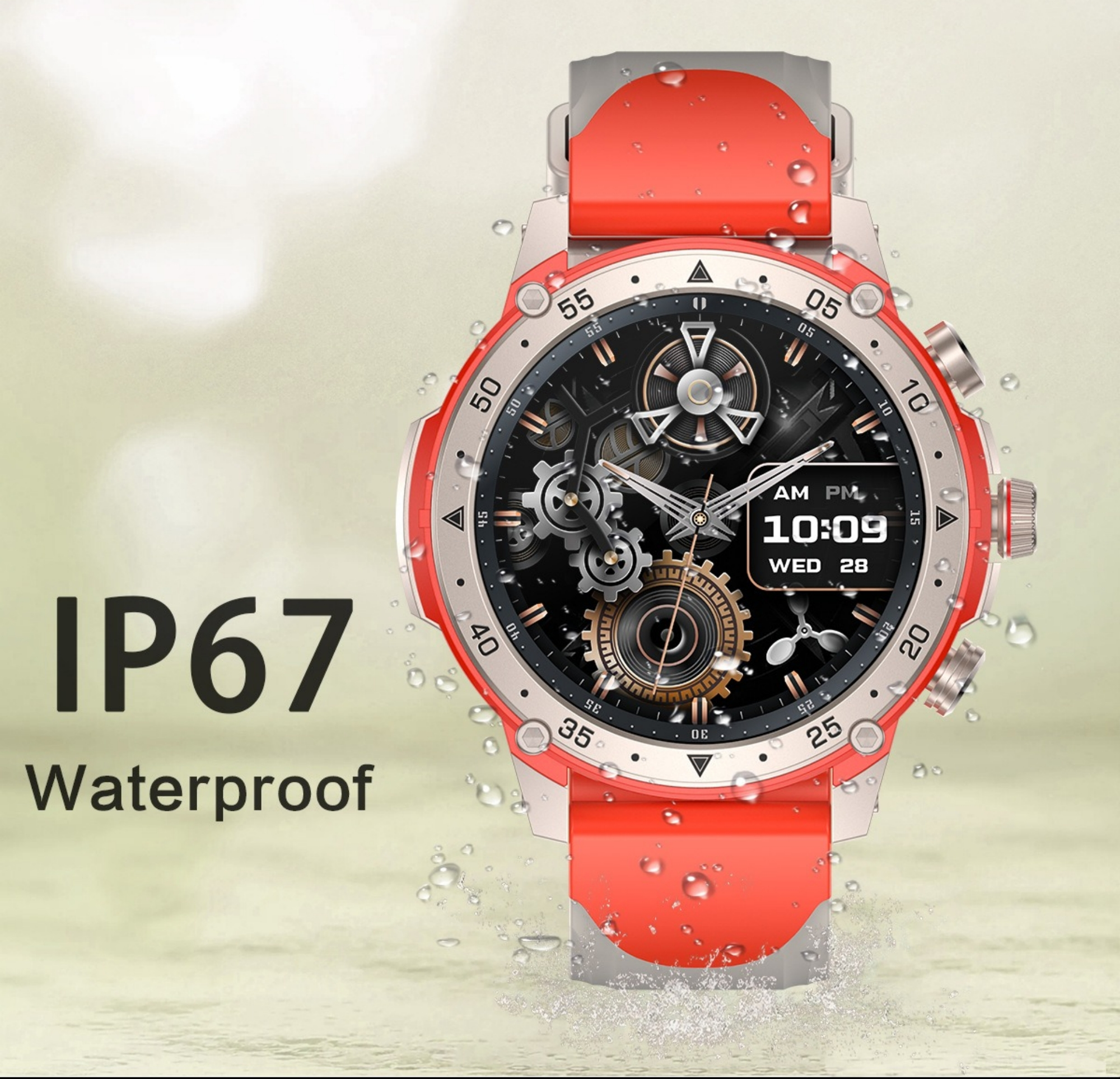 Eine rote und silberne Smartwatch mit schwarzem Bildschirm, der Zeit und andere Daten anzeigt.