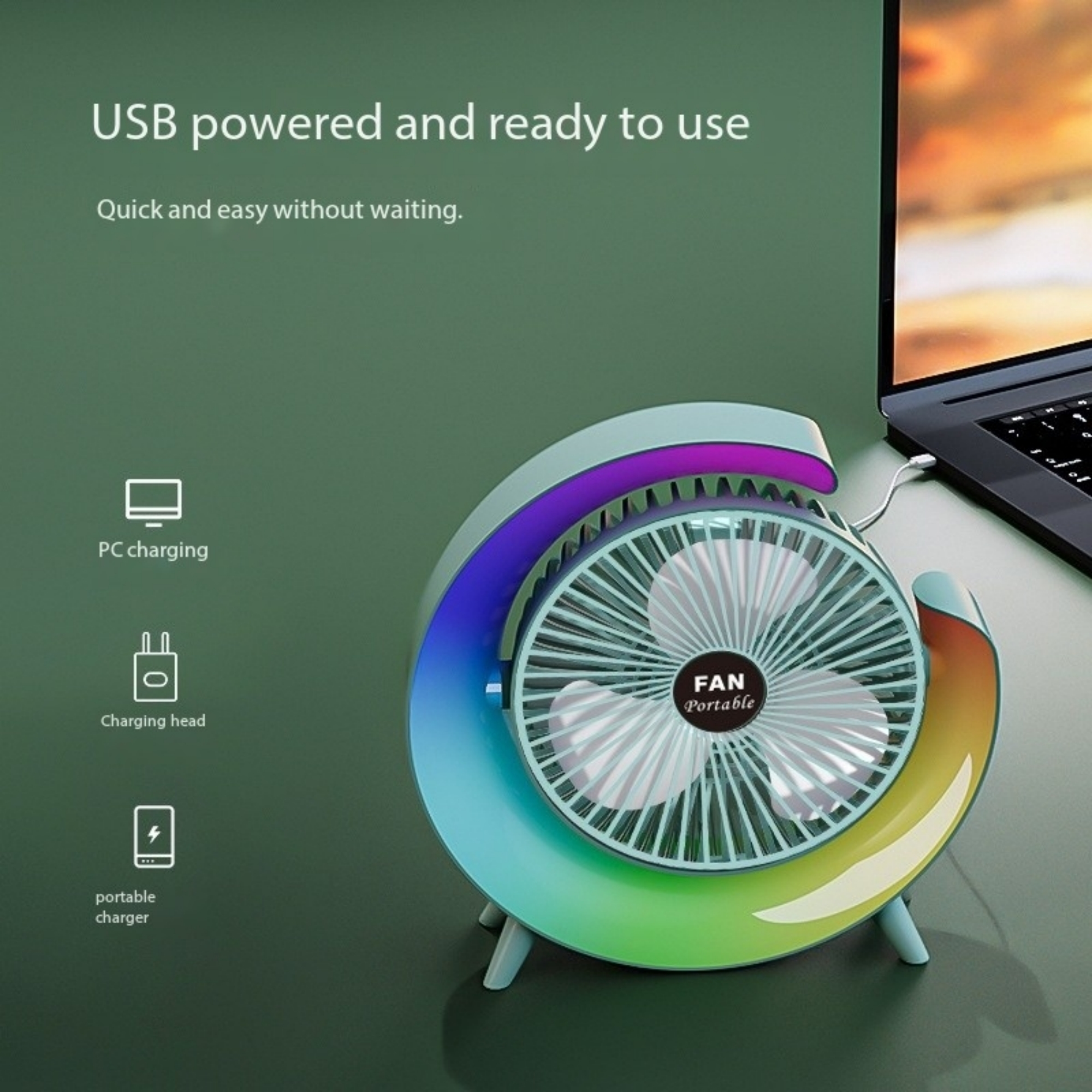 Kleiner, farbenfroher Ventilator mit Lichtern, an einen Laptop angeschlossen. Grüner Hintergrund mit Symbolen.