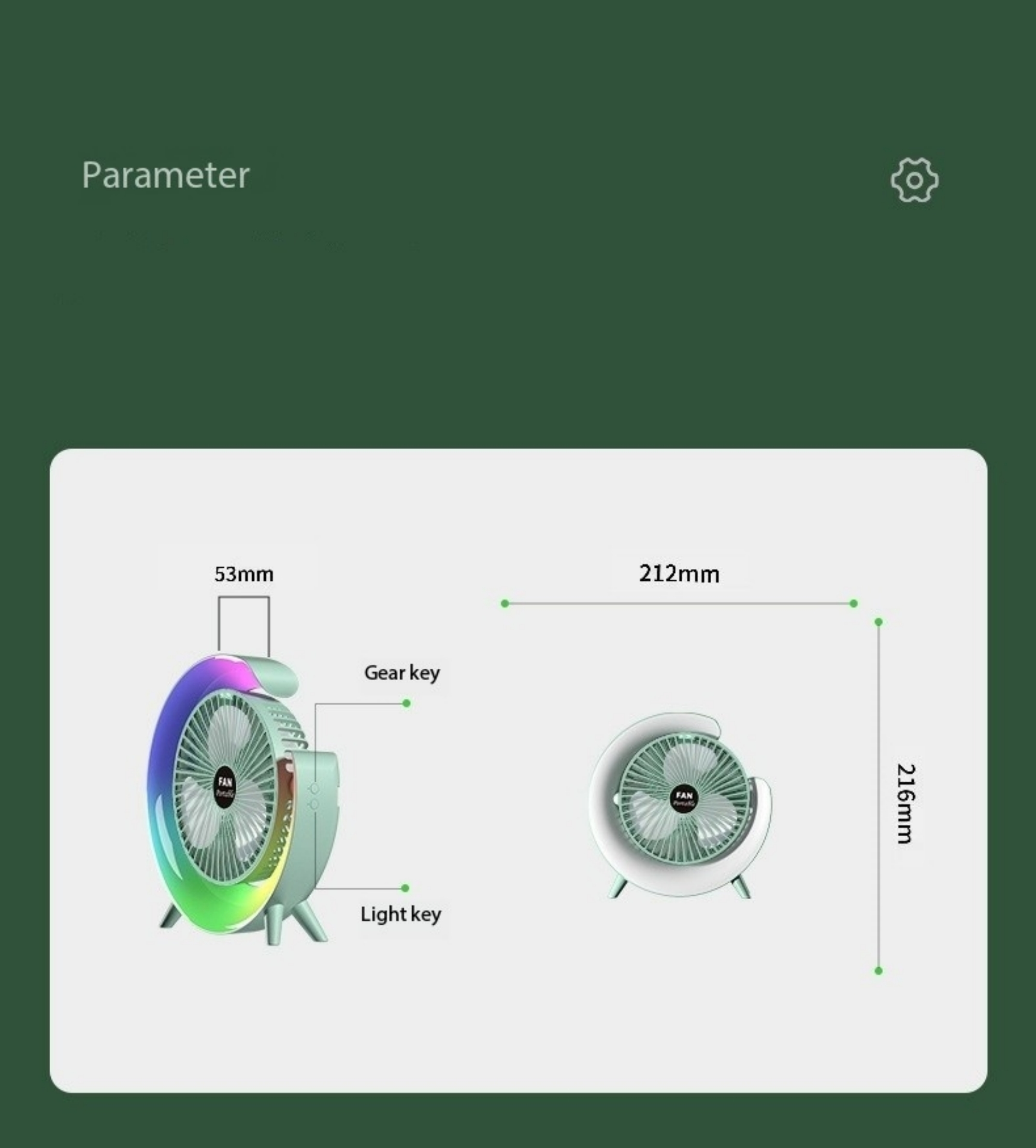 Zwei weiße und grüne Ventilatoren mit einem leuchtenden Ring. Der Ventilator wird mit Abmessungen gezeigt.