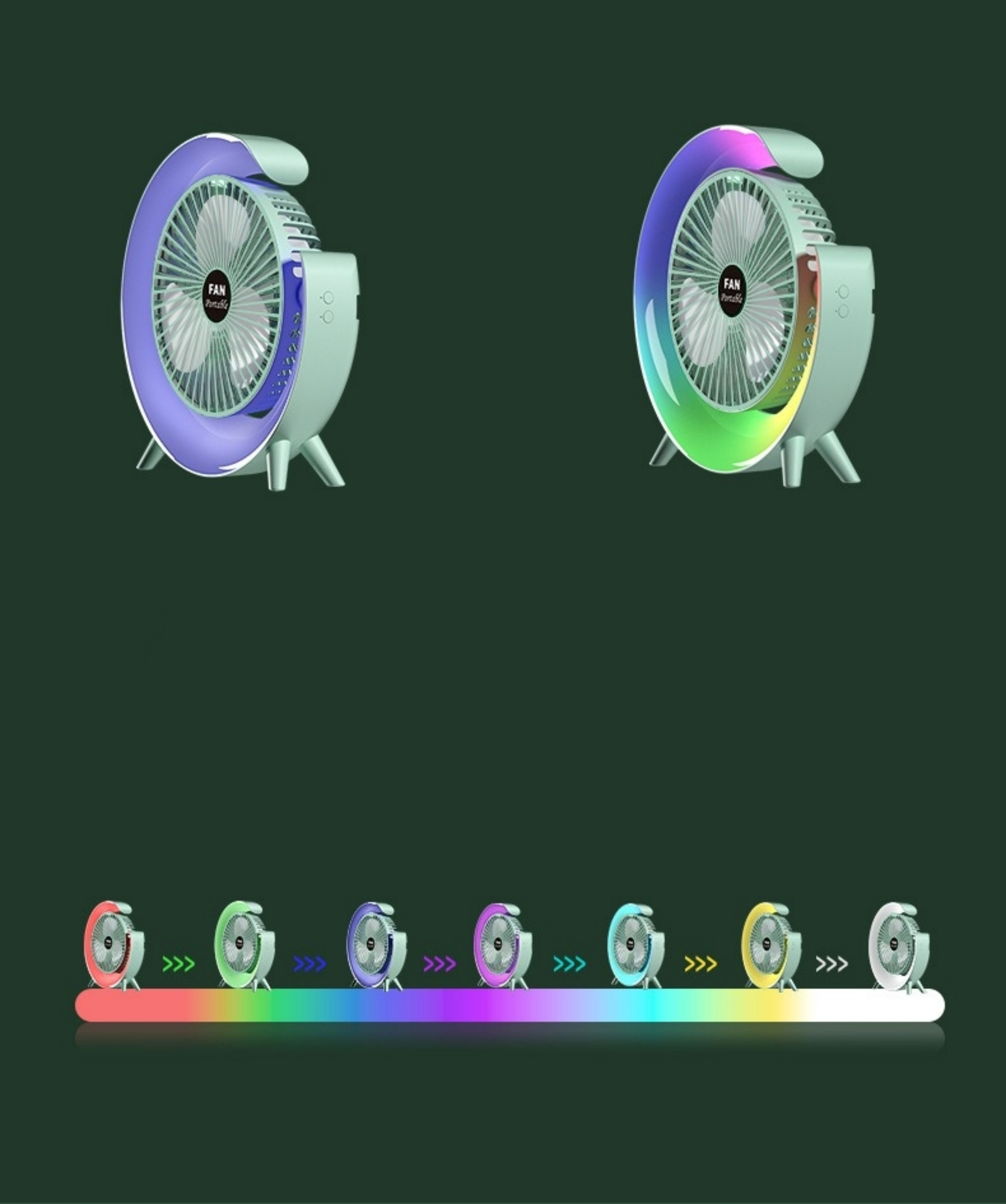 Zwei Ventilatoren mit LED-Leuchten. Unten sind die Farbwechseloptionen des Lüfters abgebildet.