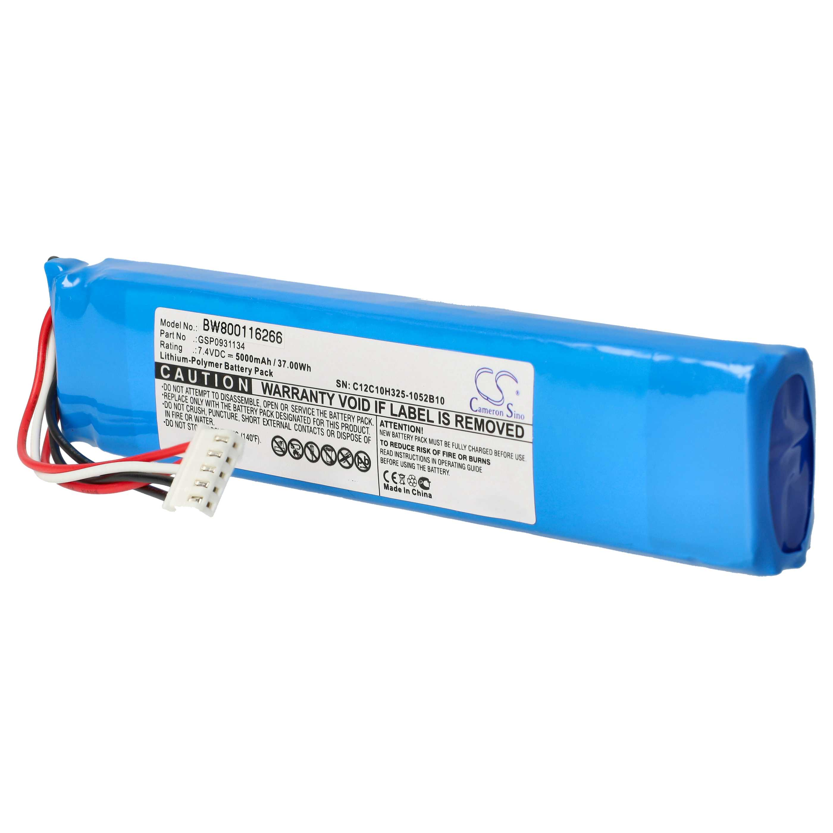 Blaues Lithium-Polymer-Akkupack mit weißem Text und Stecker, weißer Hintergrund.