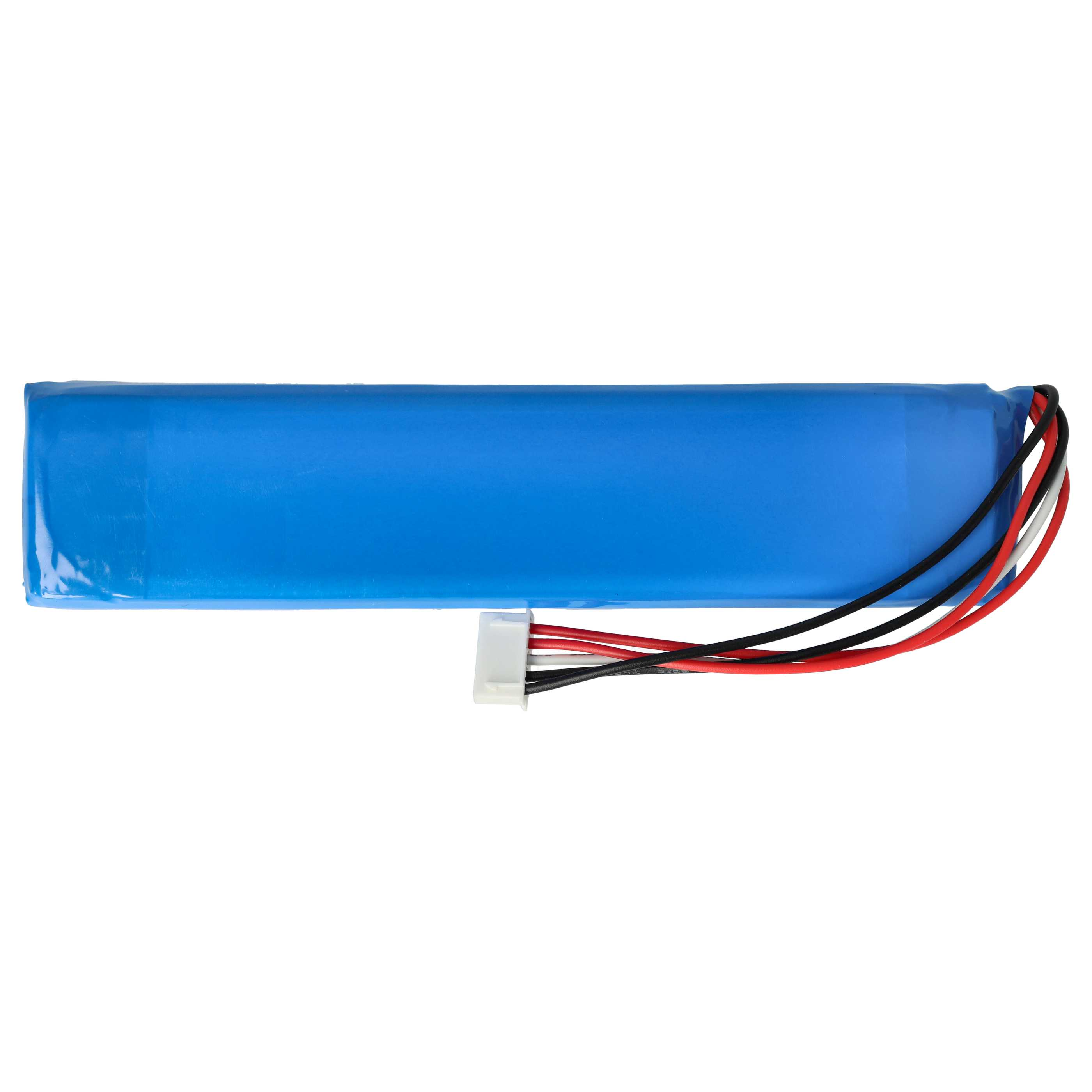 Ein blaues Lithium-Ionen-Akkupack mit roten, weißen und schwarzen Kabeln.