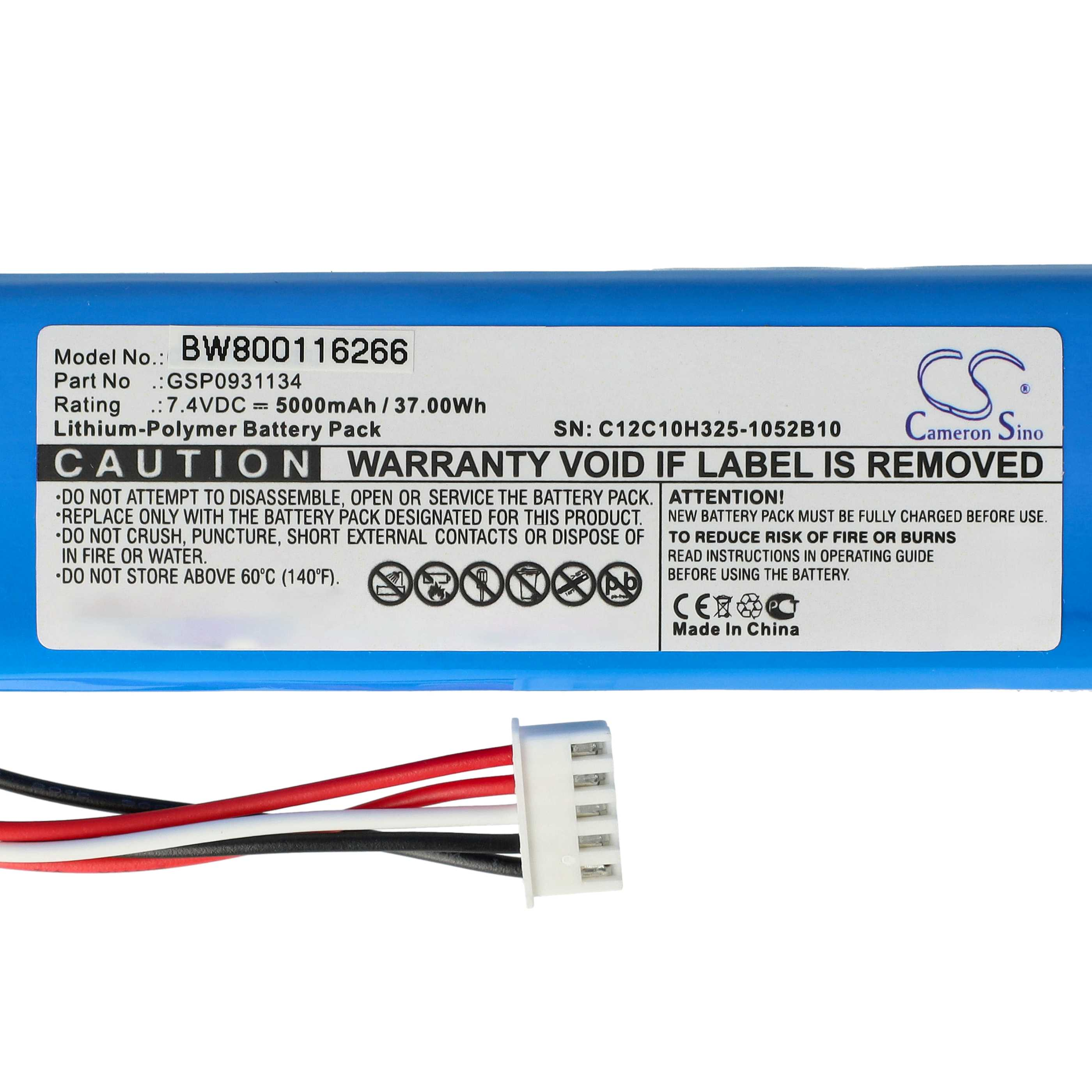 Ein blaues Akkupack mit Text und Warnhinweisen. Weißer Stecker mit angeschlossenen Drähten.