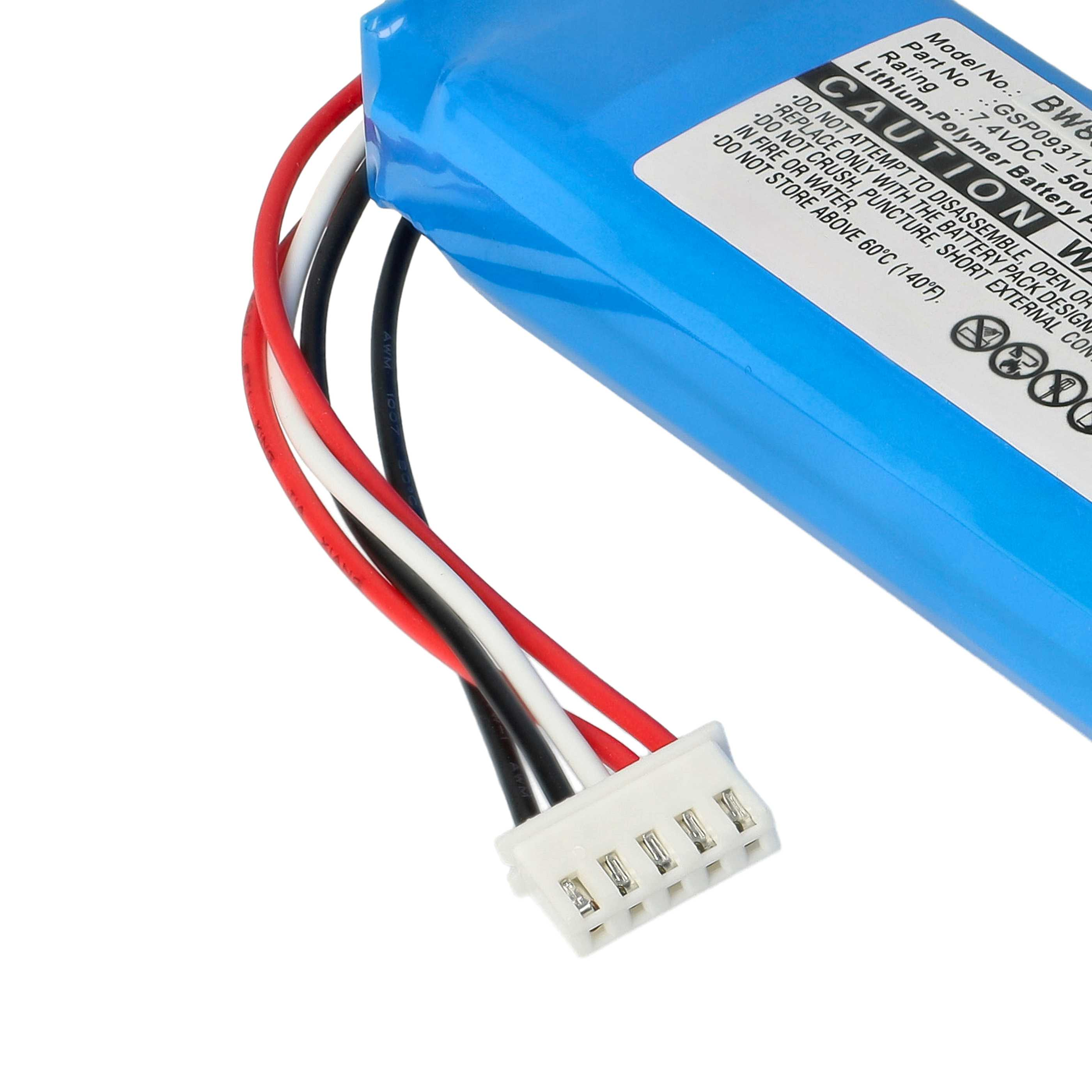 Blaue Batterie mit Kabeln und Stecker auf weißem Hintergrund.