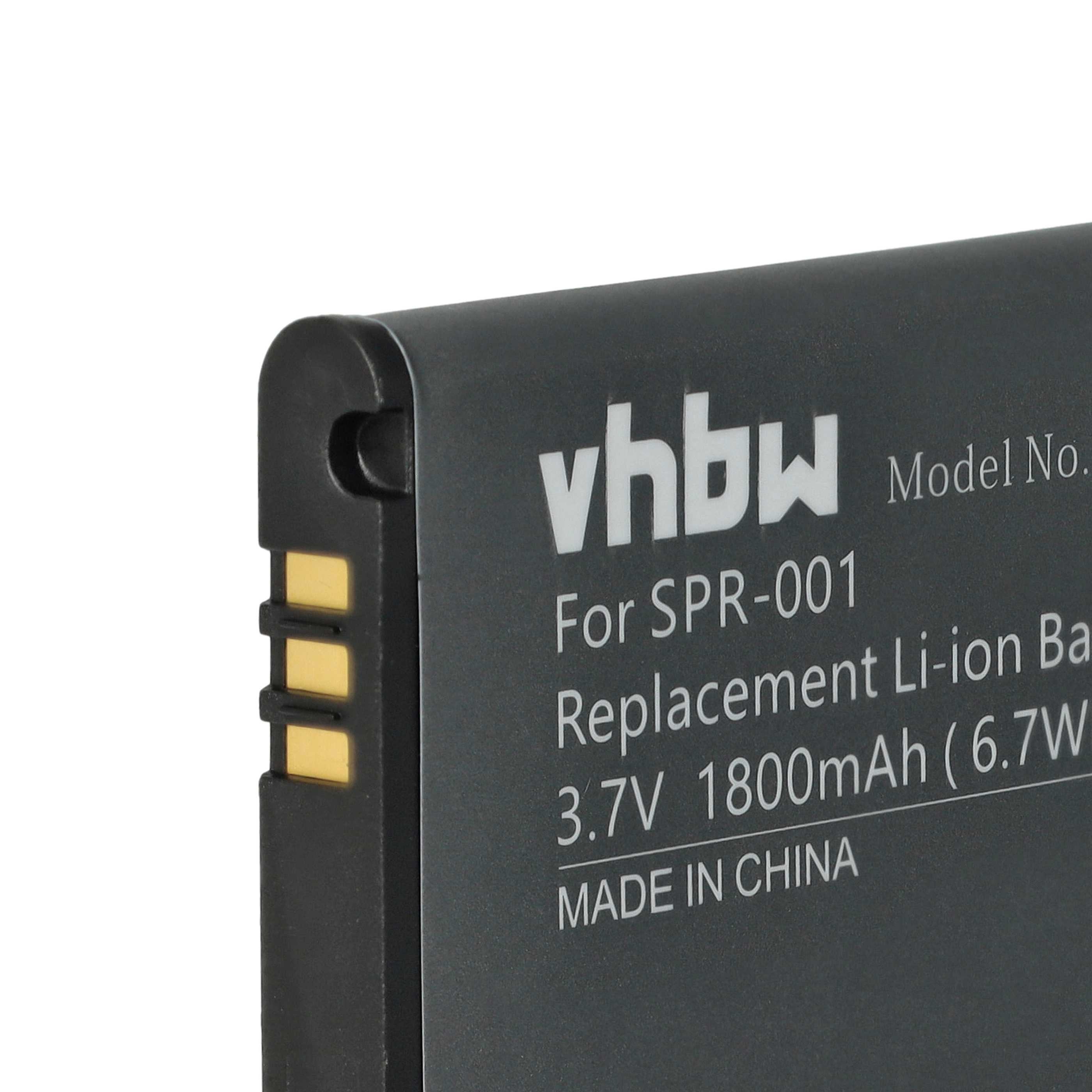 Schwarzer Akku mit weißem Text: vhbw, Modellinfo, SPR-001, 3,7 V, 1800 mAh, hergestellt in China.