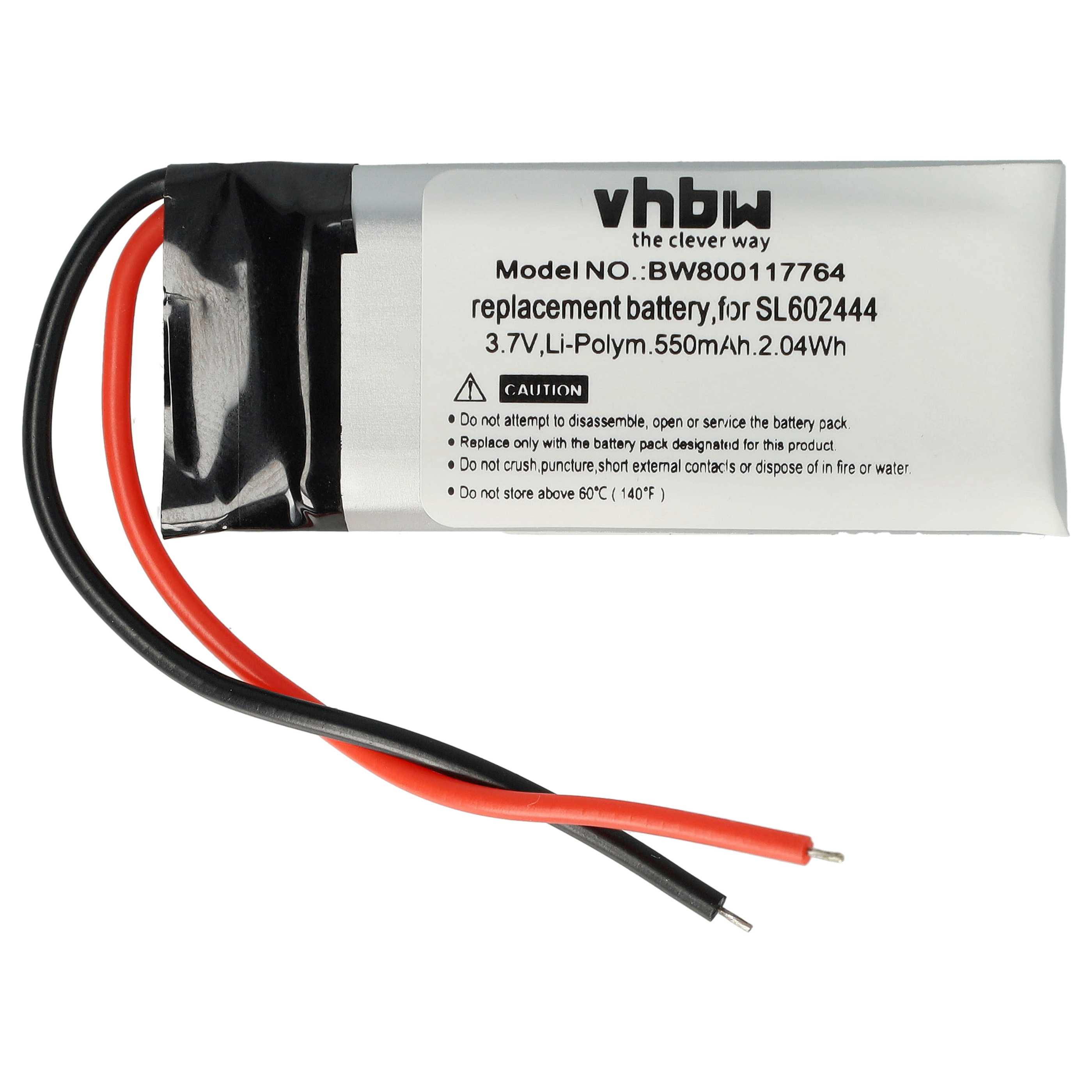 Weiß-schwarzer Akku mit roten und schwarzen Drähten, beschriftet mit dem Text 'vhbiw'.
