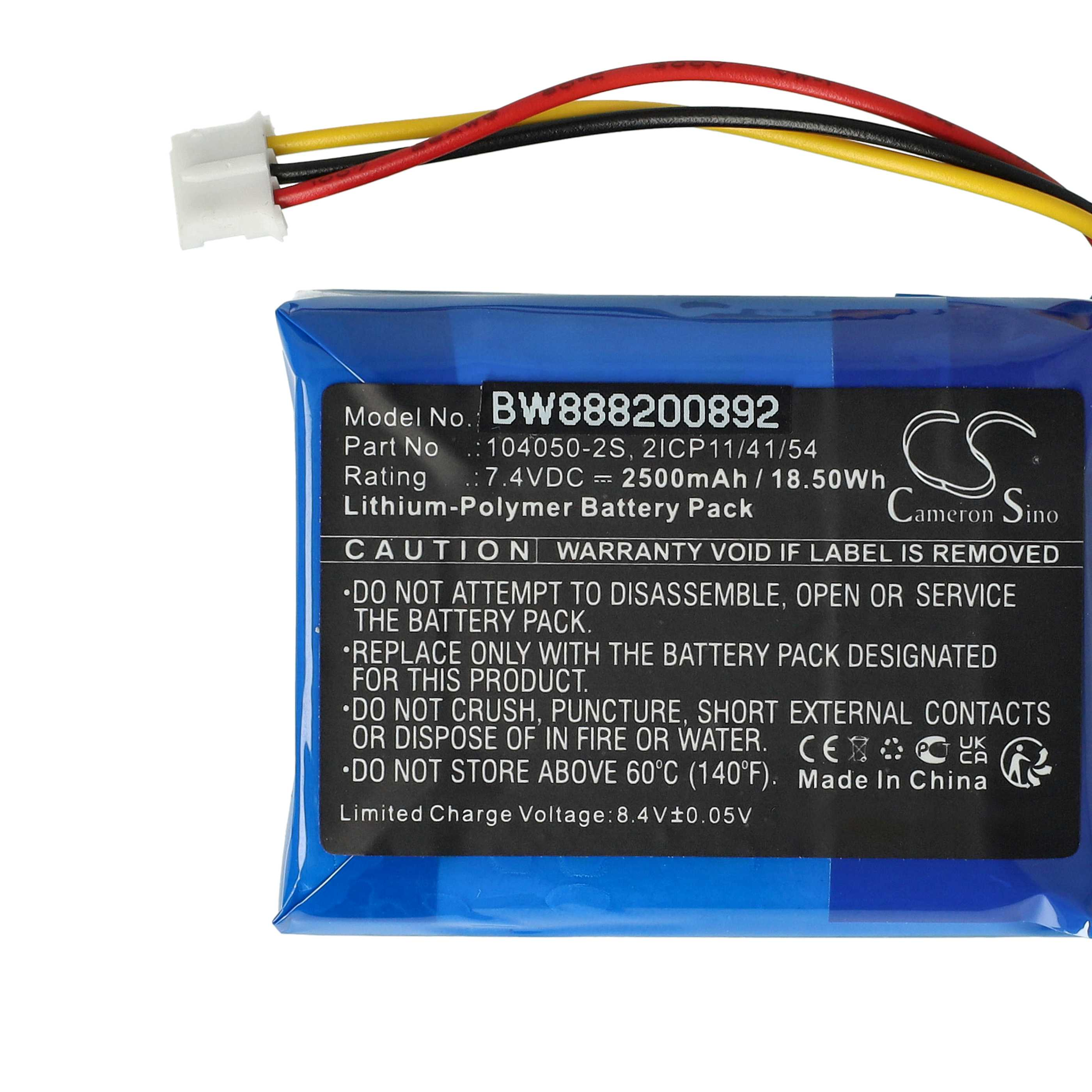 Ein blauer Akku mit Etikett und Stecker mit Drähten.