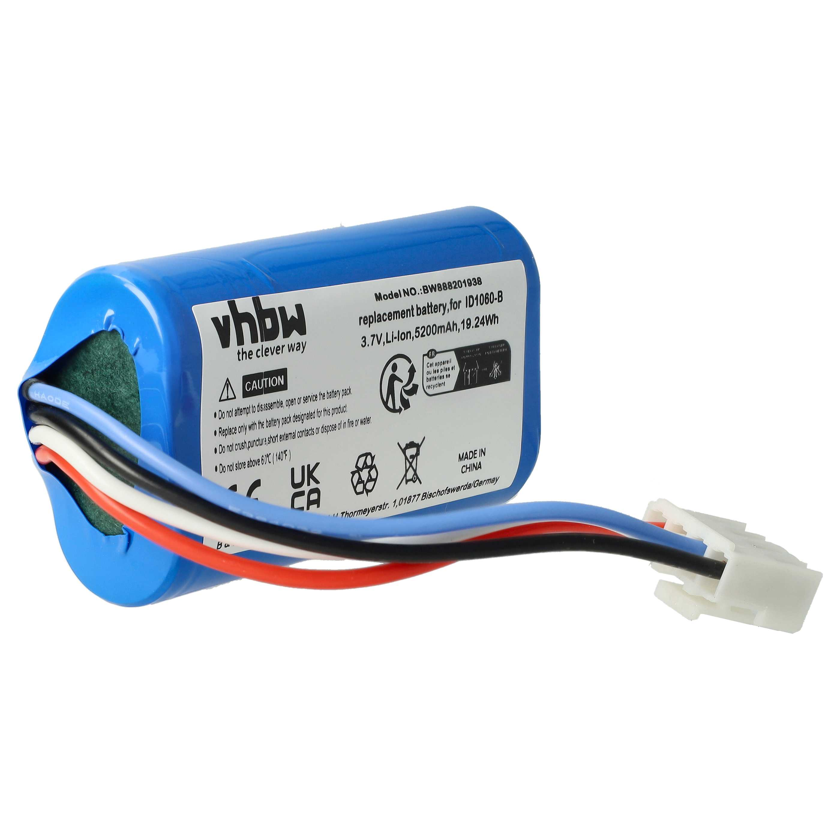 Blaue Batterie mit Drähten, weißem Etikett, Text: Vhbw, Ersatz für 10180-B.