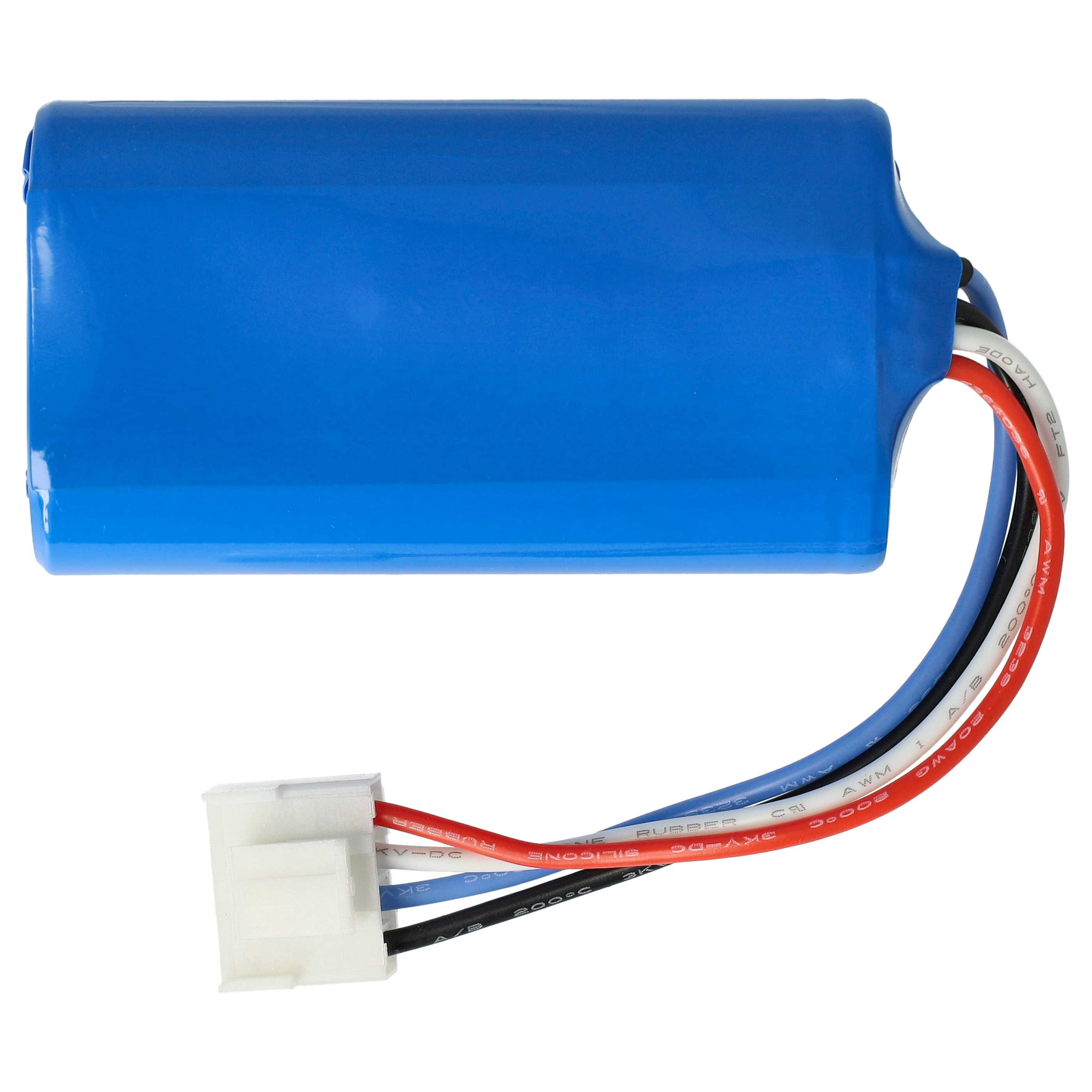 Blaue zylindrische Batterie mit Drähten und einem Stecker.