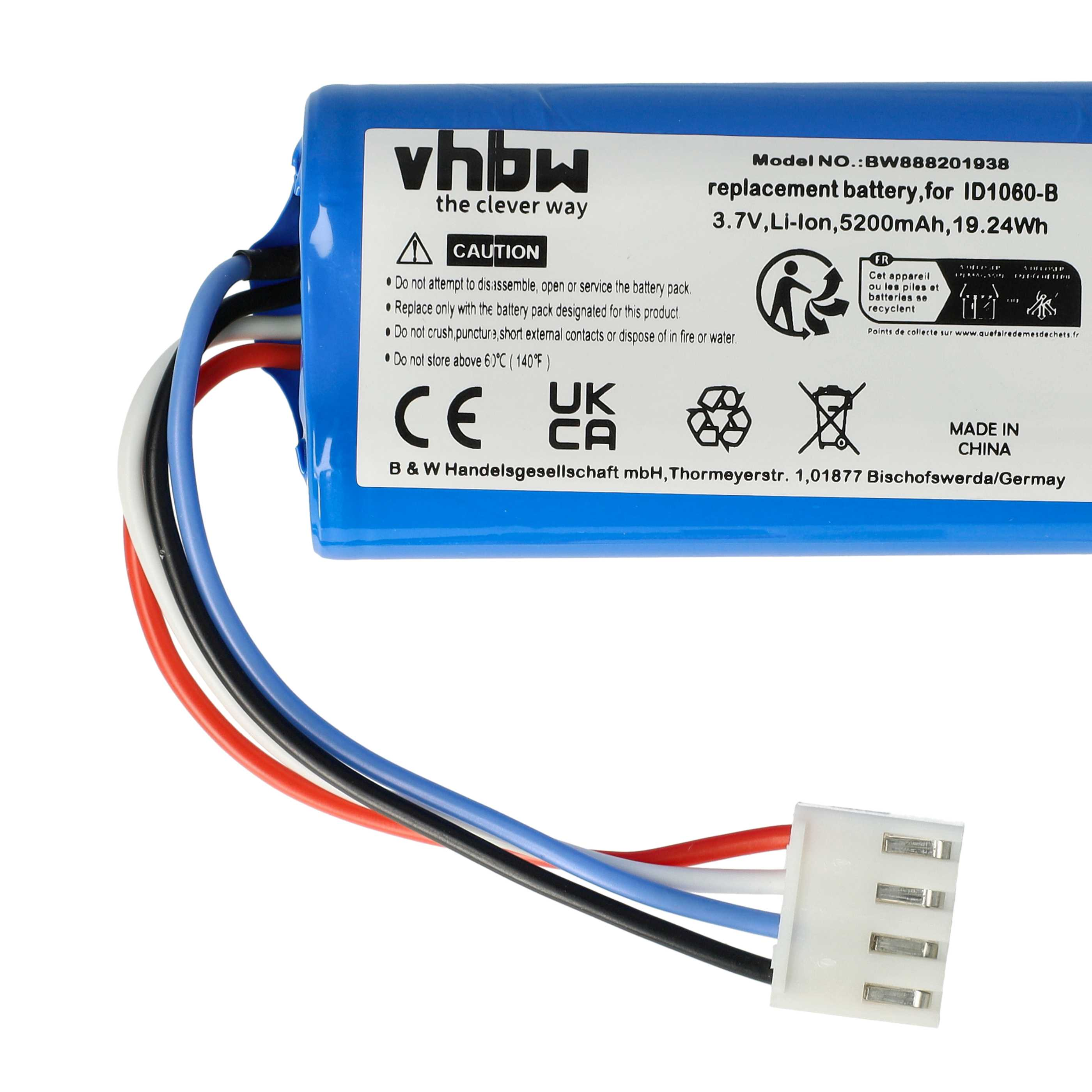 Blauer Akku mit Kabeln und Stecker, mit Warnhinweisen.