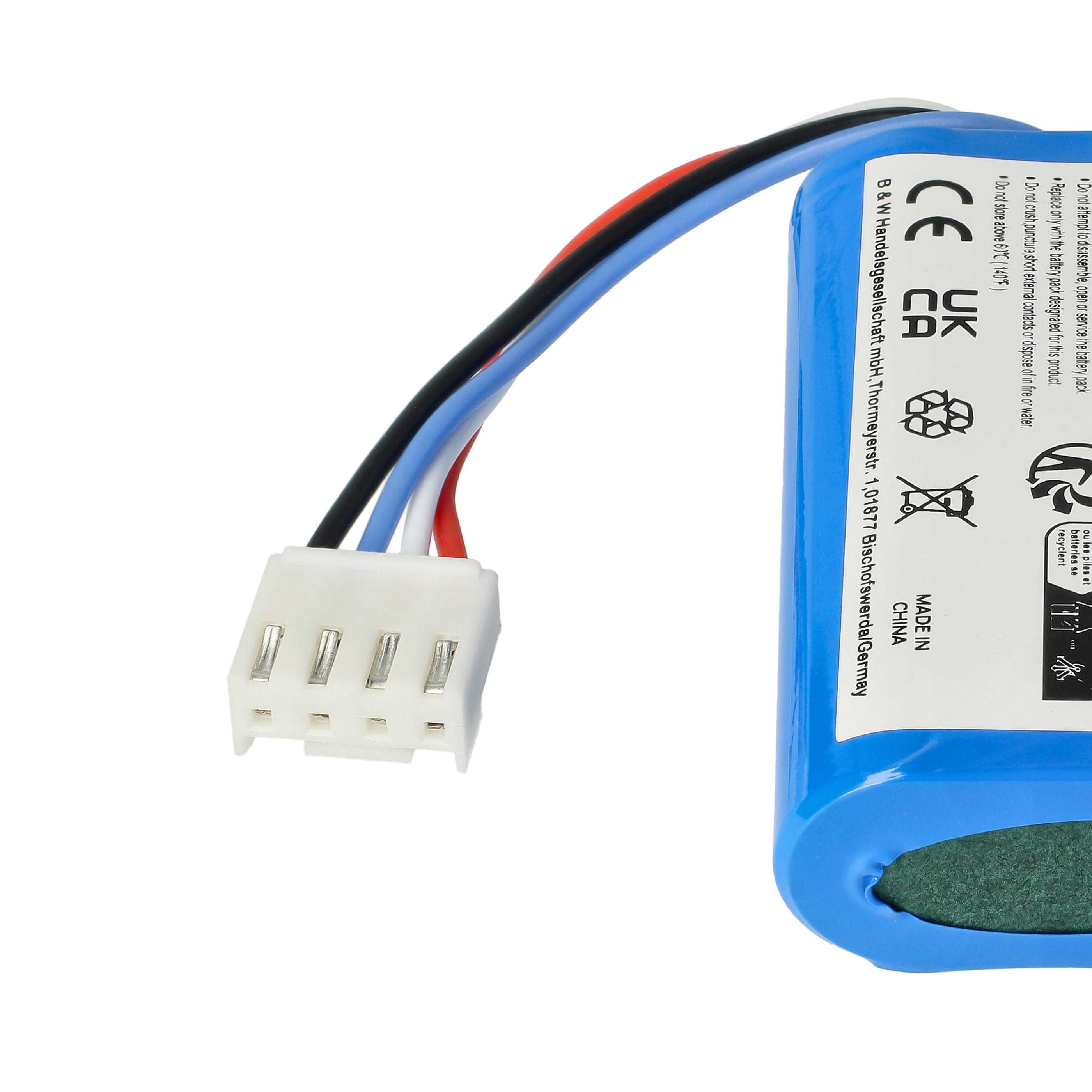 Blaue Batterie mit weißem Stecker und Drähten in Schwarz, Rot und Blau.