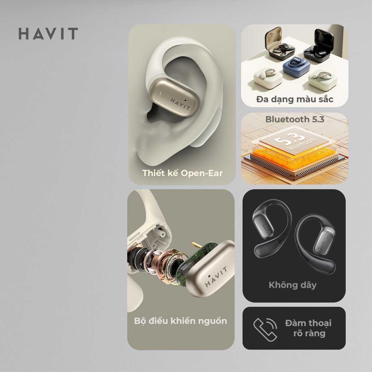 Prezentacja produktu słuchawek bezprzewodowych HAVIT z różnymi funkcjami, designem i kolorami.
