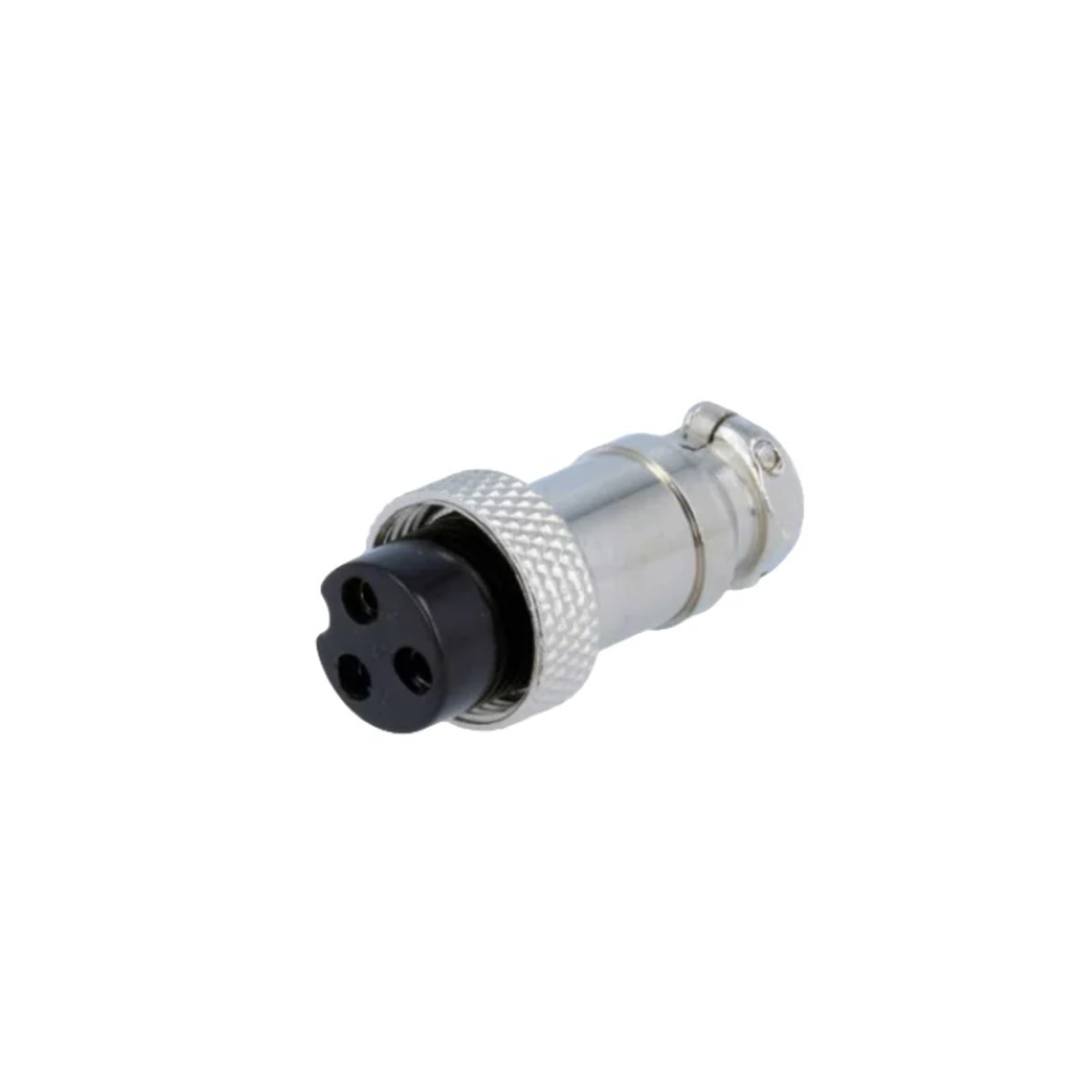 Un conector eléctrico plateado y negro con tres pines, aislado sobre fondo blanco.