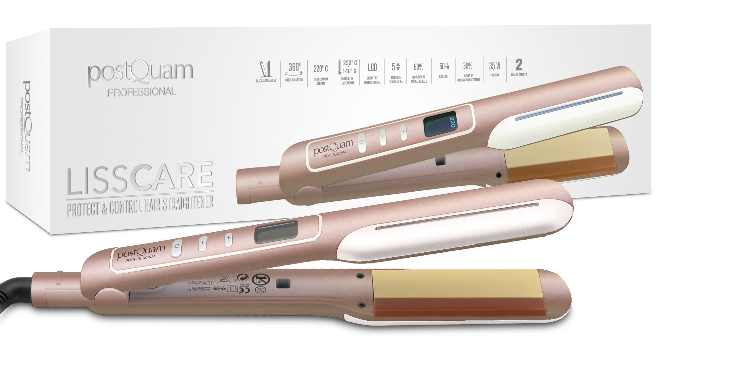 Zestaw prostownicy do włosów w kolorze różowego złota z pudełkiem: dwie prostownice i pudełko.