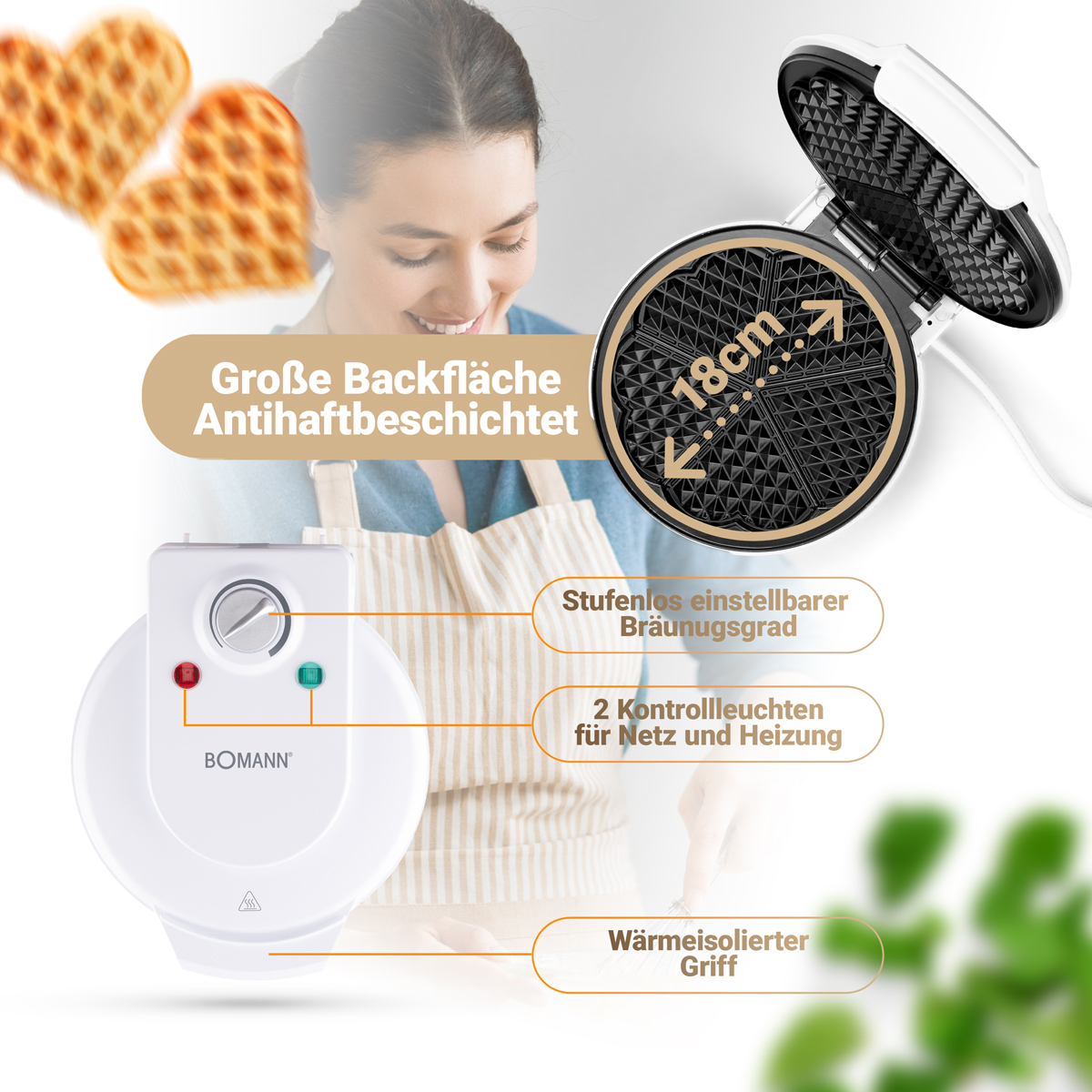 Gofrownica z otwartą pokrywą. Kobieta w tle. Tekst: Duża powierzchnia do pieczenia, nieprzywierająca.