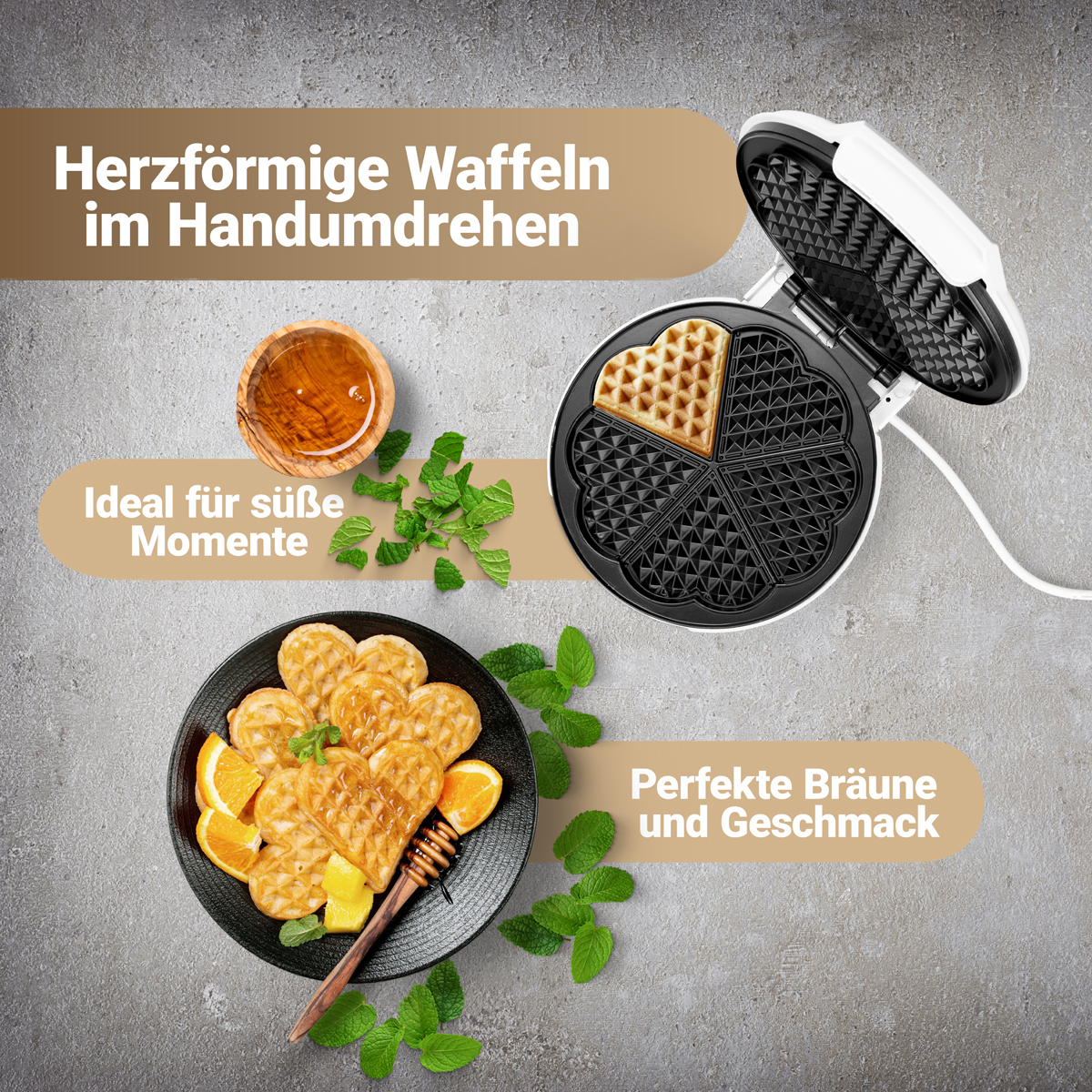 Gofrnica z goframi w kształcie serca, miodem i miętą. Gofry na talerzu z plasterkami pomarańczy.