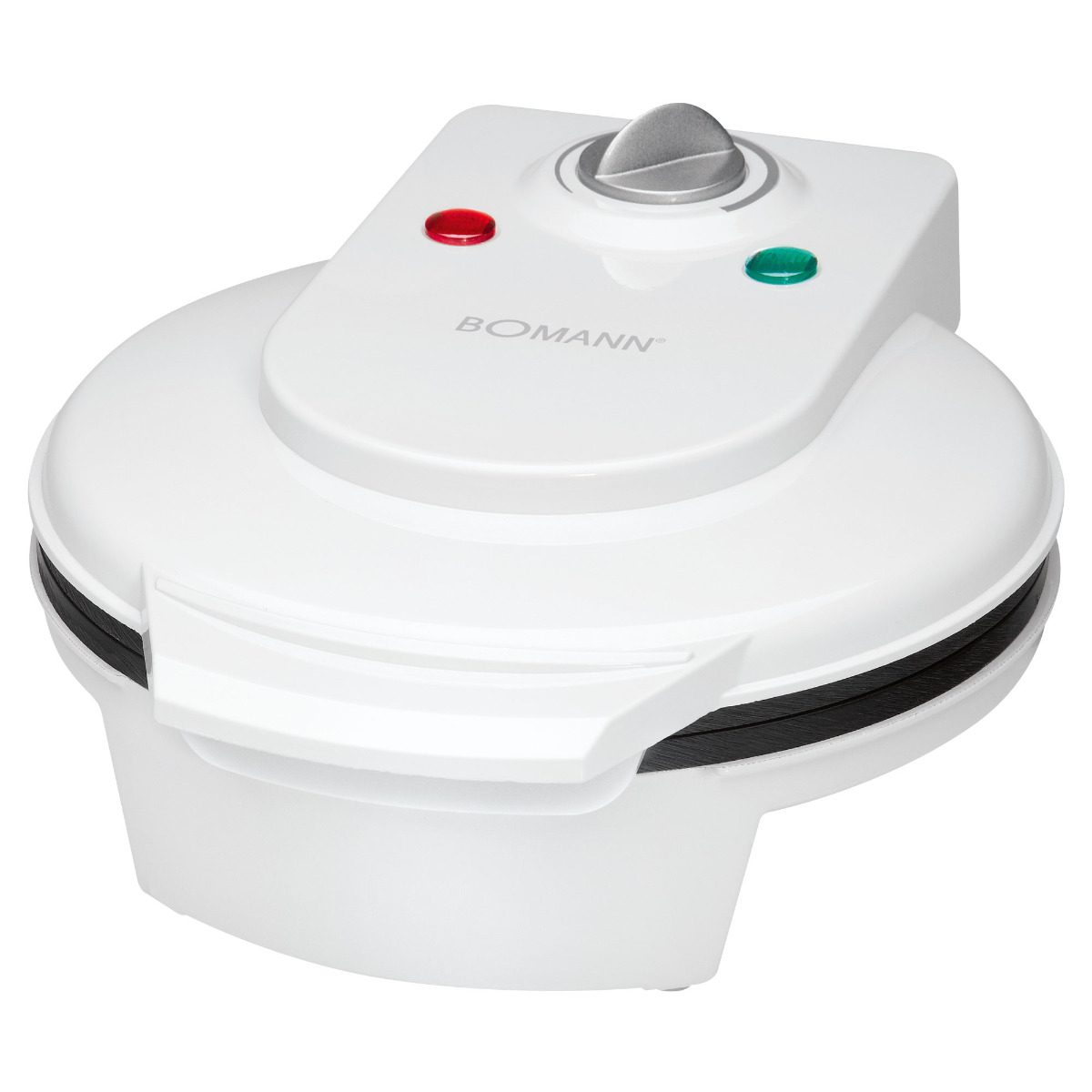 Biała gofrownica z czerwonymi i zielonymi światłami oraz srebrnym pokrętłem. Widoczna nazwa marki 'BOMANN'.