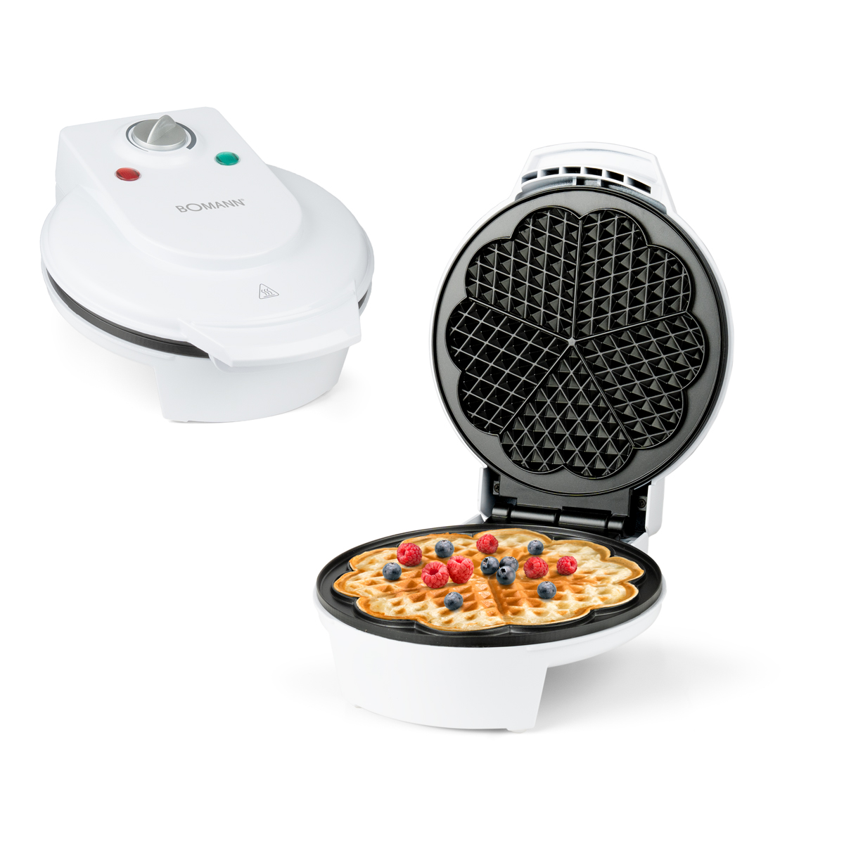 Biała gofrownica z goframi i jagodami w środku oraz druga gofrownica.