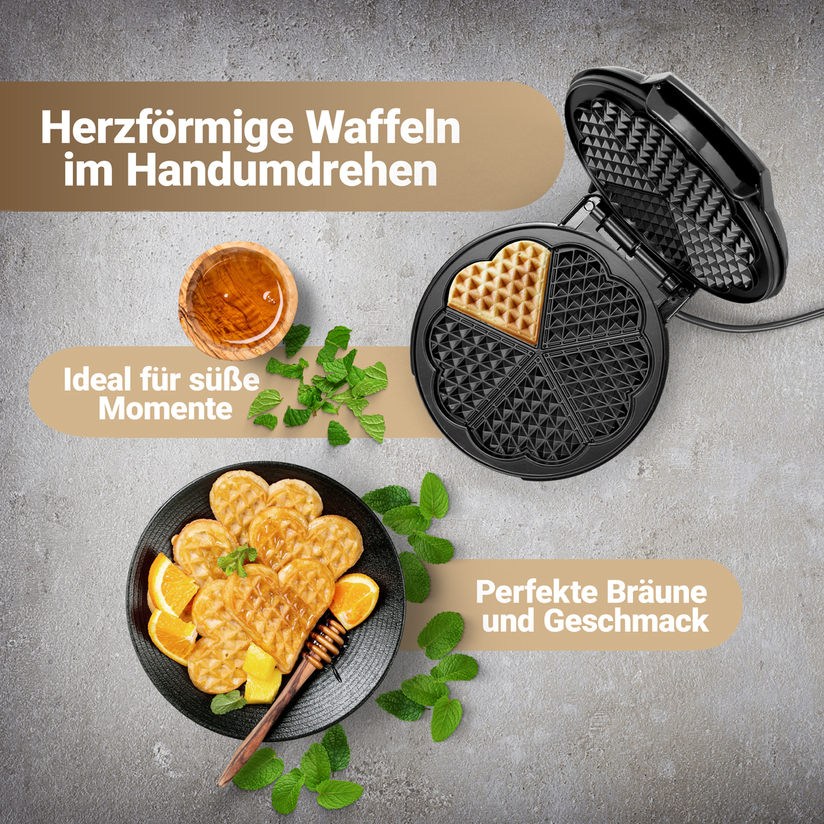 Gofrownica robiąca gofry w kształcie serca. Miód i listki mięty na stole. Gofry i miód.