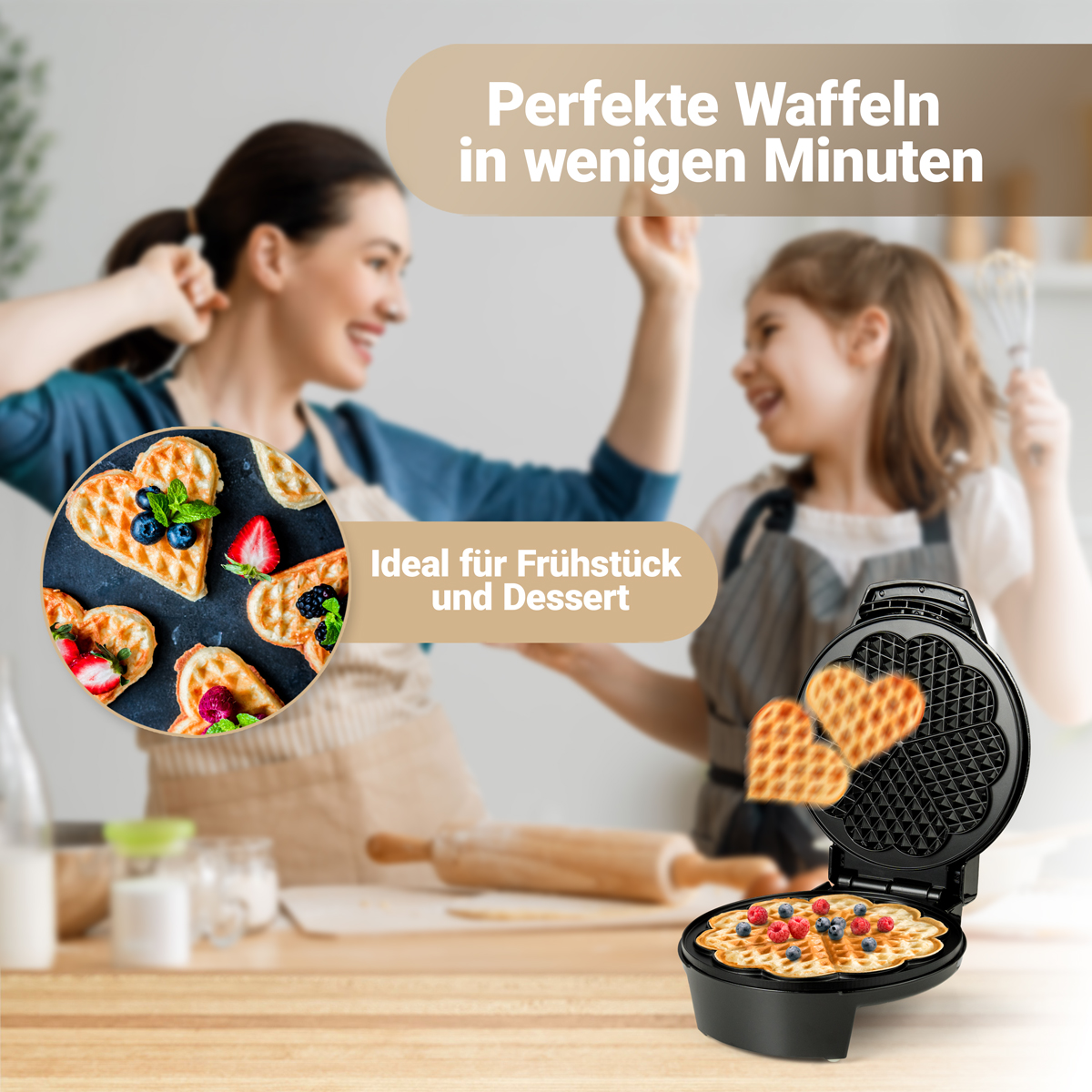 Kobieta i dziewczynka uśmiechają się, gofry z jagodami na gofrownicy, z tekstem promującym gofry.