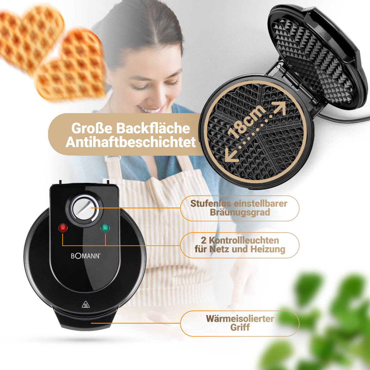 Kobieta używająca gofrownicy, z bliska na żelazko do gofrów.