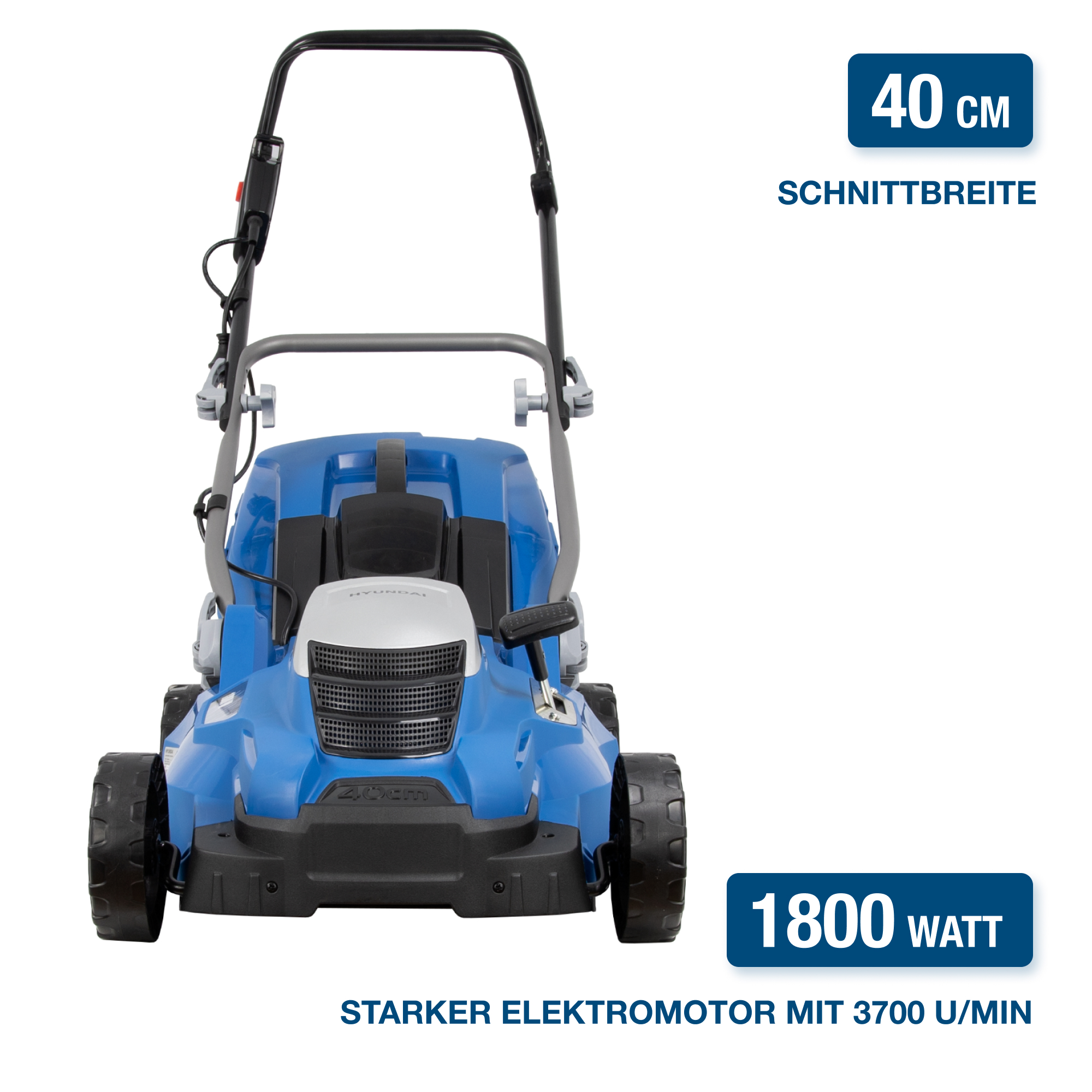 Blauer Rasenmäher mit schwarzen Rädern und Griff, mit Text "40 cm Schnittbreite" und "1800 Watt".