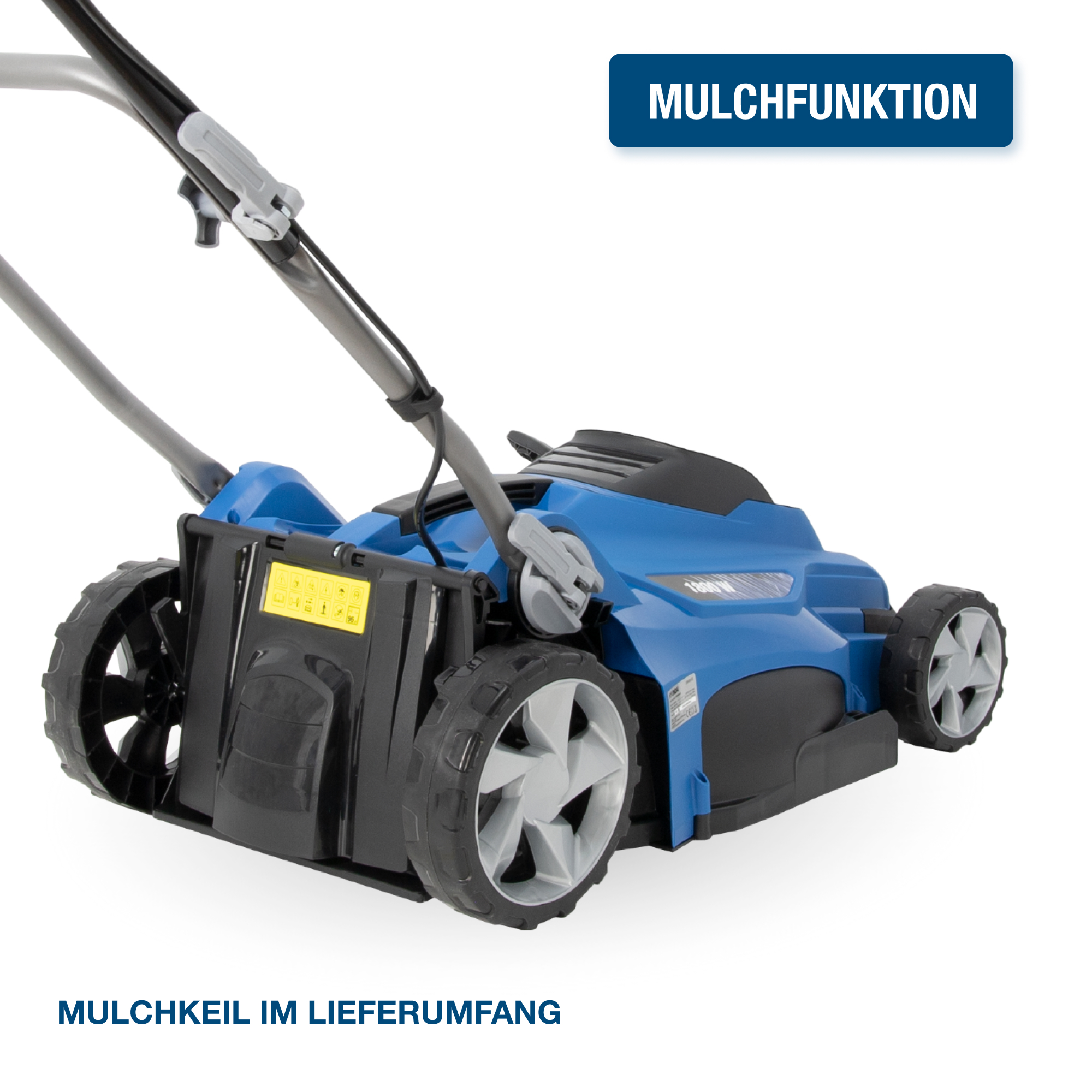 Ein blauer Rasenmäher mit schwarzen Rädern und silbernem Griff. Text oben: "MULCHFUNKTION". Der Hintergrund ist weiß.