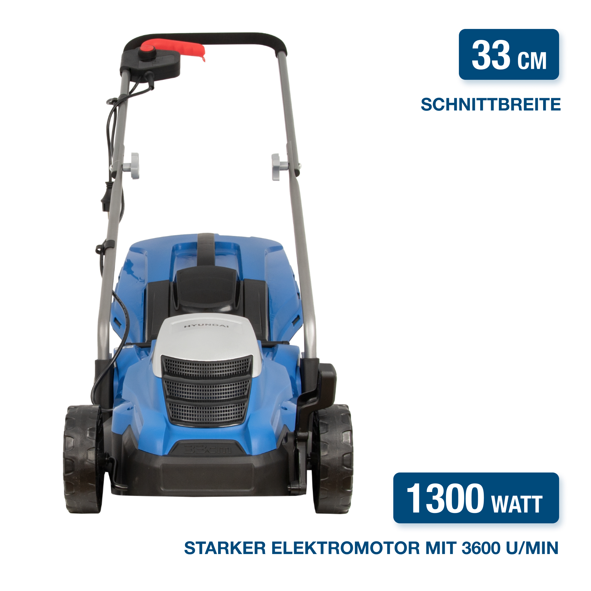 Blauer und weißer Rasenmäher. Text zeigt 33 cm Schnittbreite und 1300 Watt Leistung.