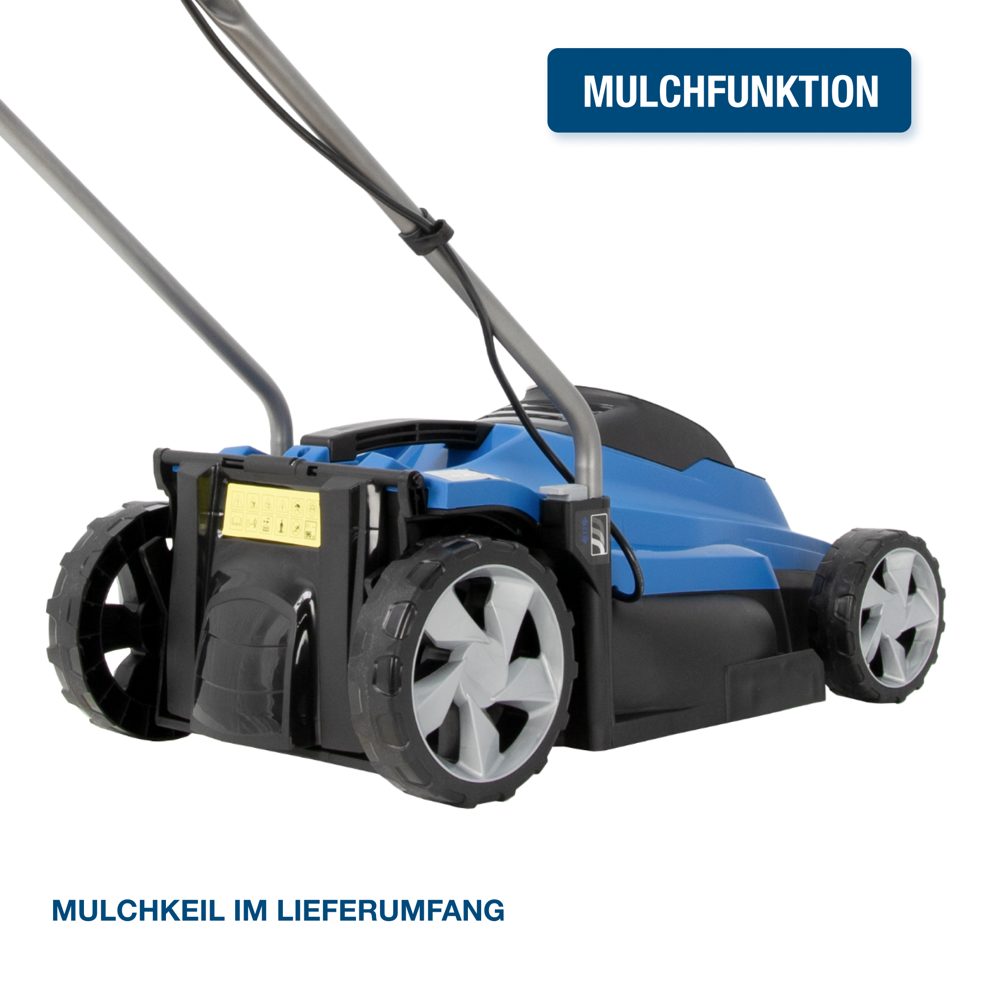 Ein blau-schwarzer Rasenmäher mit einem blauen Etikett mit der Aufschrift MULCHFUNTION. Der Mäher steht vor weißem Hintergrund.