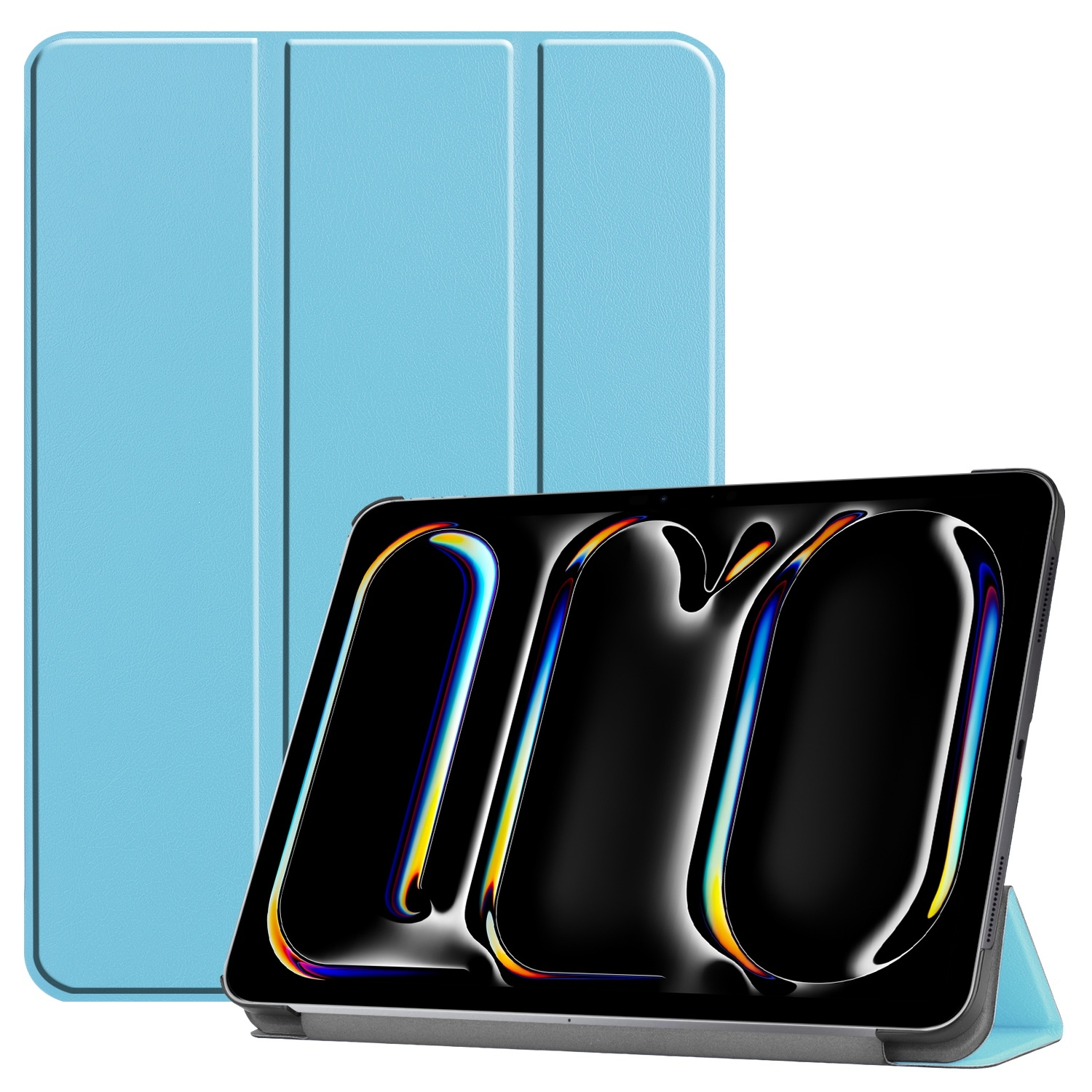 Eine hellblaue Tablethülle mit einem Tablet darin, auf dessen Bildschirm ein Logo zu sehen ist.