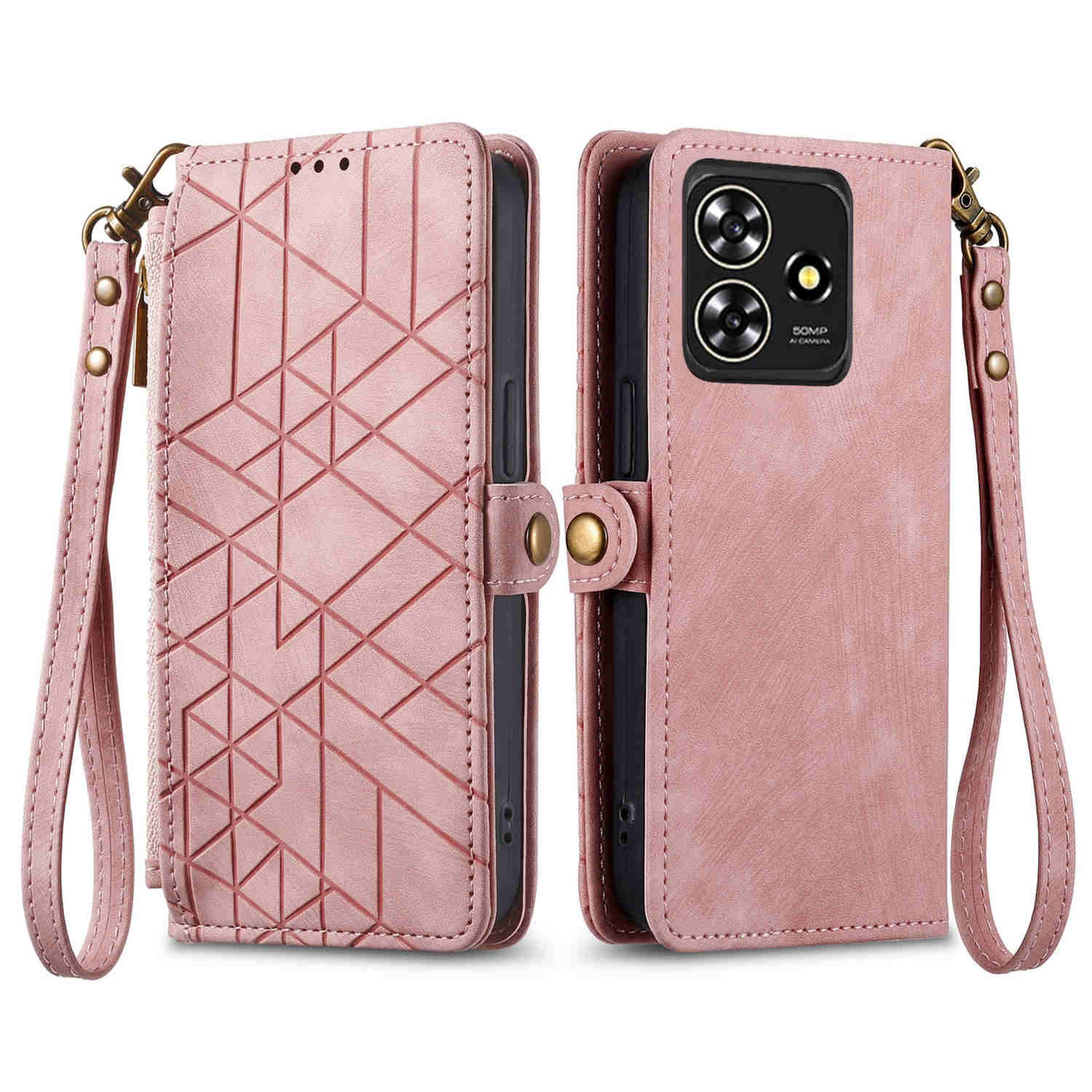 Rosa Handyhülle mit geometrischem Muster. Geöffnete Hülle zeigt Handy und Kamera.