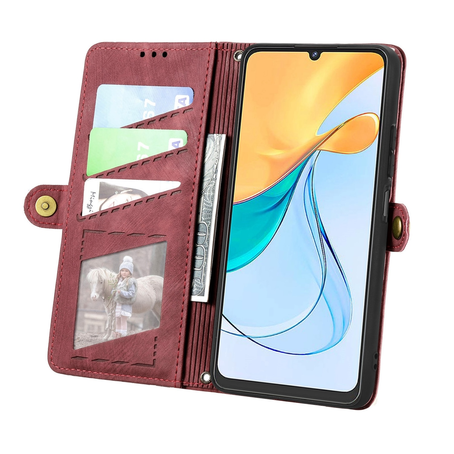 Offene burgunderrote Lederbrieftasche mit Karten, Bargeld und einem Telefon.