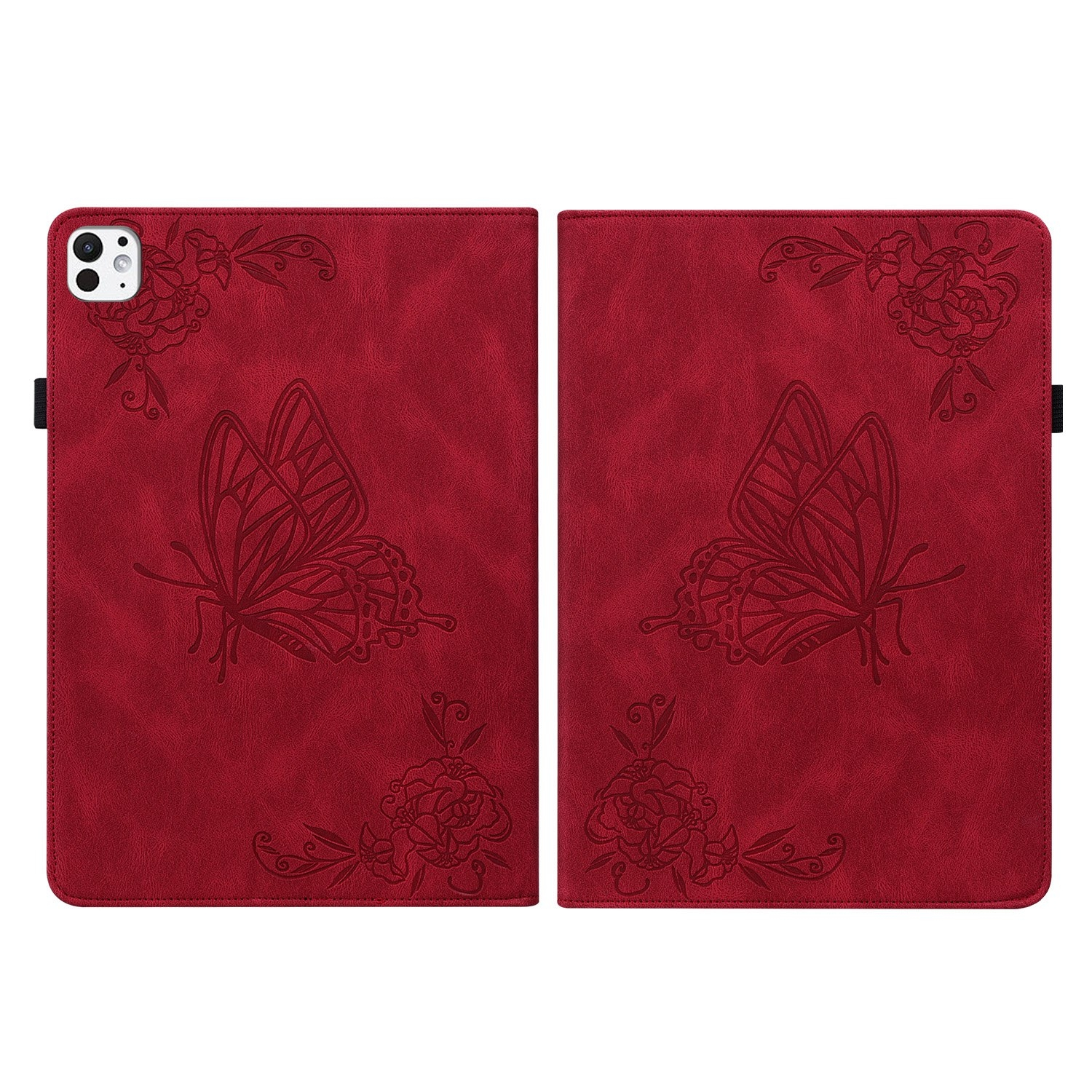 Funda roja para iPad con diseños de mariposas y flores.