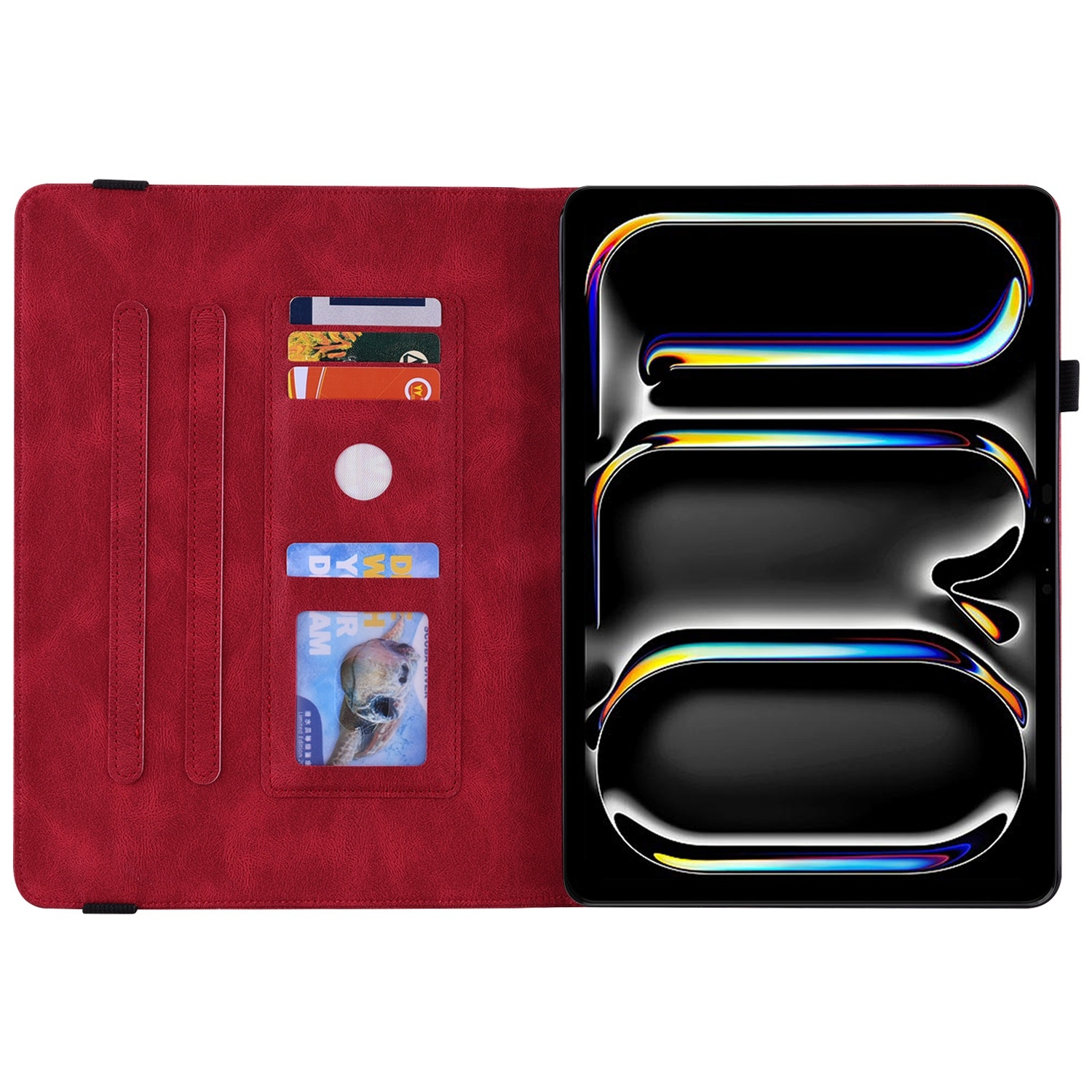 Una funda de tableta de cuero rojo con tarjetas y efectivo visibles. La tableta está dentro.
