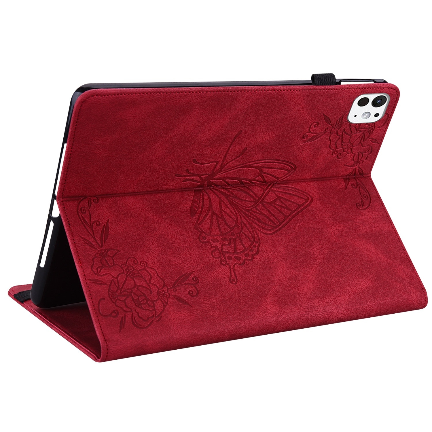 Una funda roja para iPad con diseño de mariposa y un bolígrafo encima.
