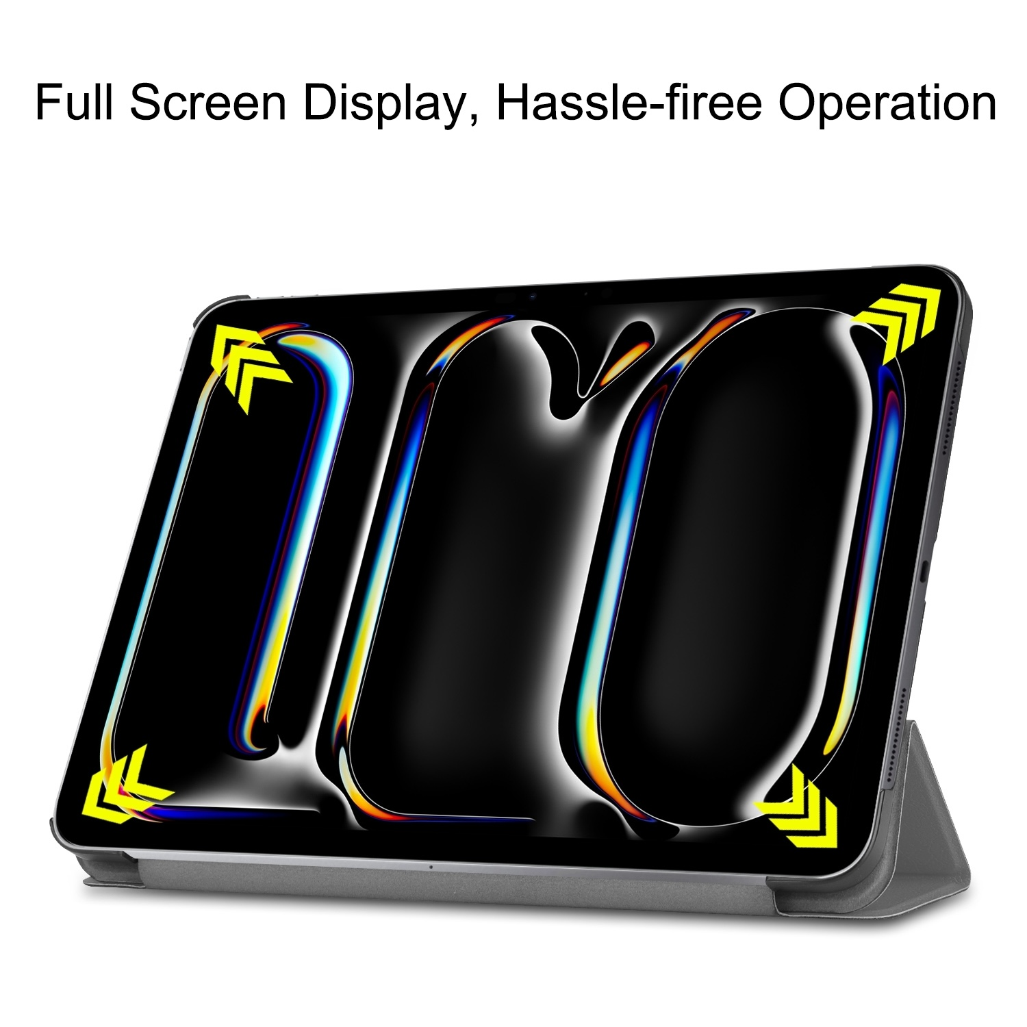 Tablet in einer Hülle mit Pfeilen. Der Bildschirm zeigt ein farbenfrohes abstraktes Design. Text sagt 'Hassle-free Operation'.
