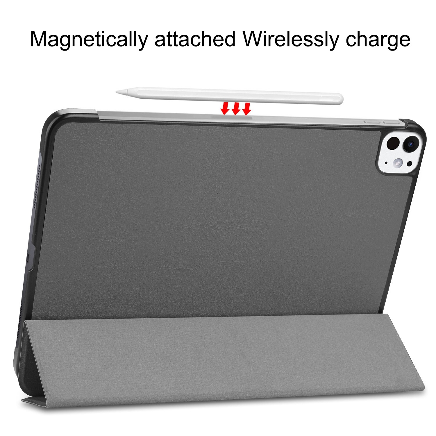 Dunkelgraue Tablethülle mit einem weißen Stift oben. Text: Magnetisch befestigt.